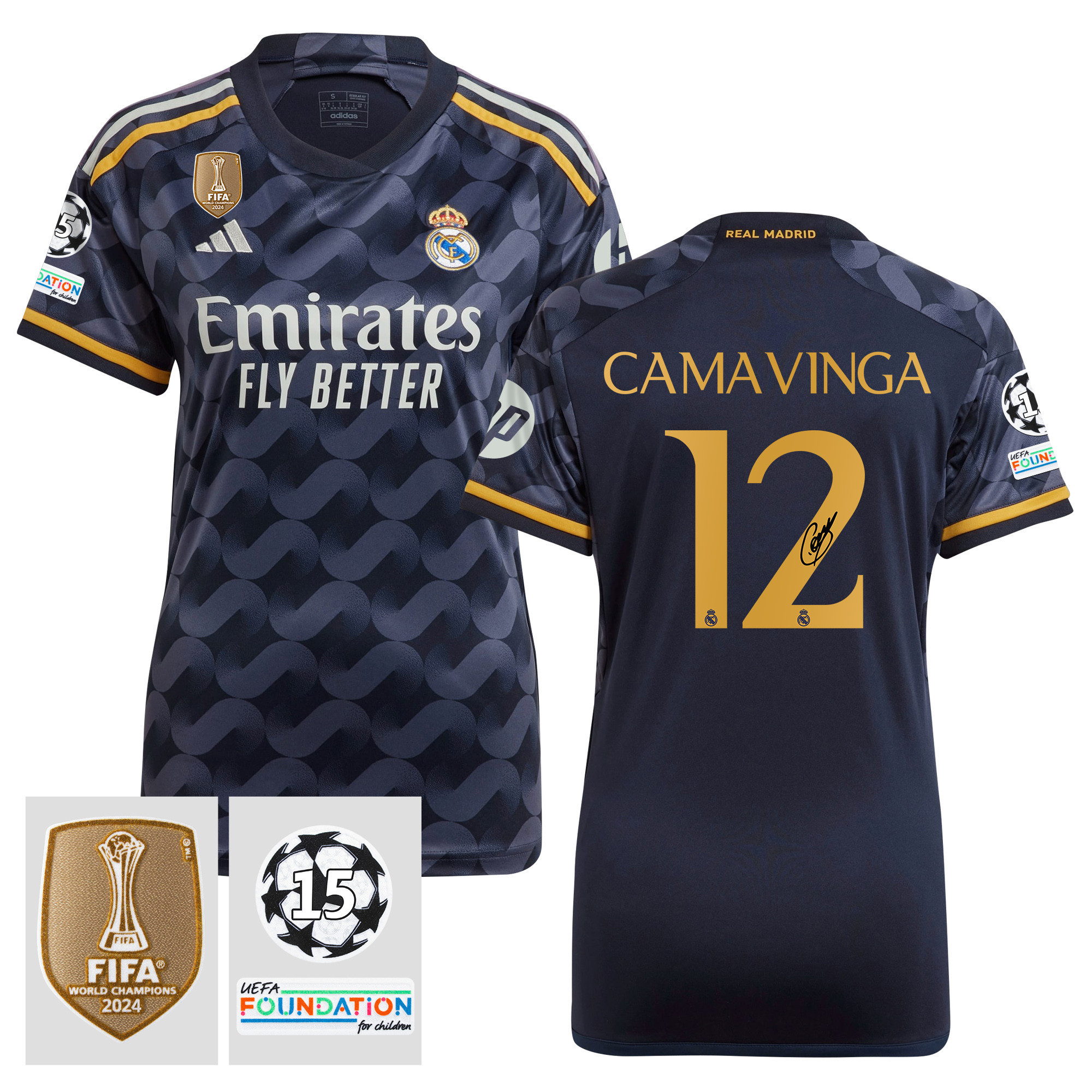 Eduardo Camavinga 12 Signed Starball 15 Times Champions Real Madrid 2023/24 UEFA Patch Women's Away Jersey Autographed