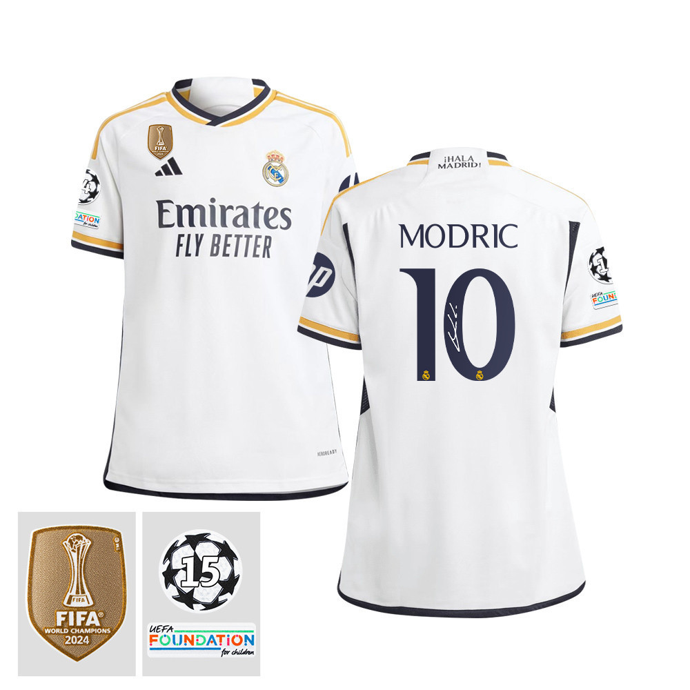 Luka Modric 10 Signed Starball 15 Times Champions Real Madrid 2023/24 UEFA Patch YOUTH Home Jersey Autographed