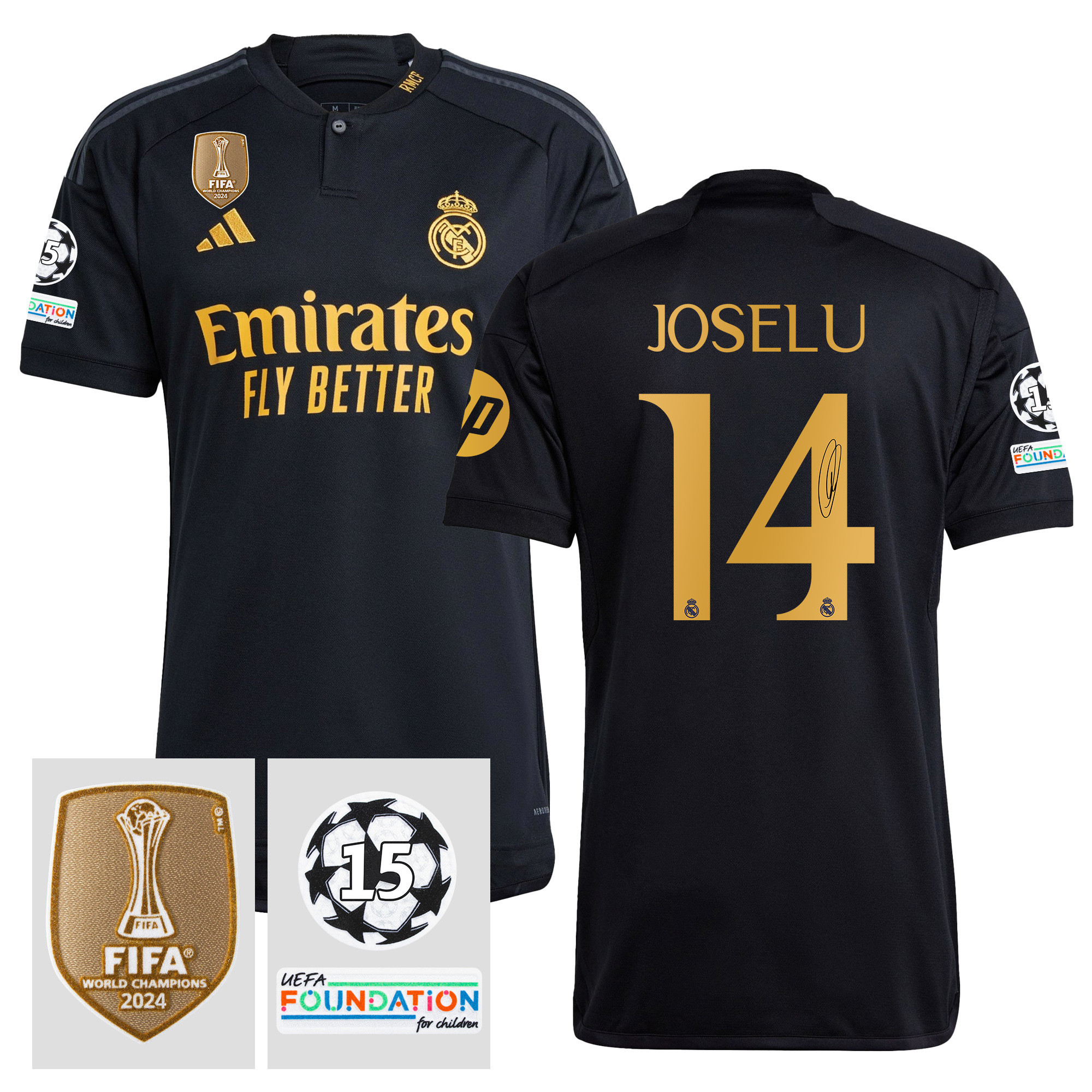 Joselu Mato 14 Signed Starball 15 Times Champions Real Madrid 2023/24 UEFA Patch Third Jersey Autographed – Men