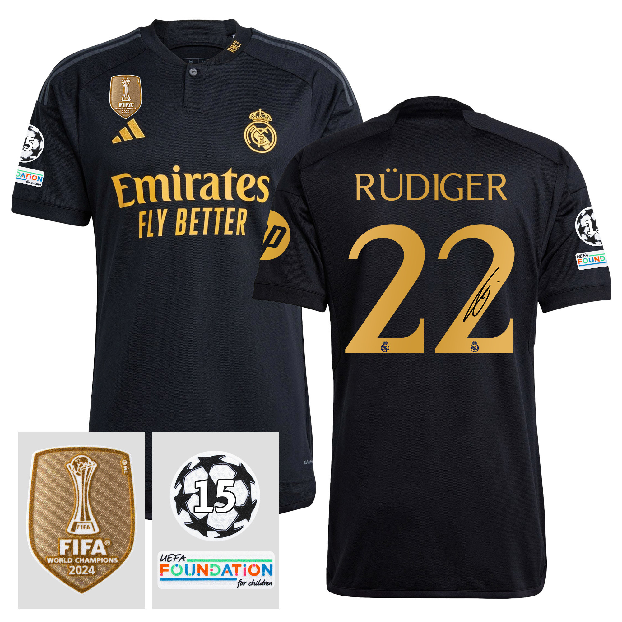 Antonio Rdiger 22 Signed Starball 15 Times Champions Real Madrid 2023/24 UEFA Patch Third Jersey Autographed – Men