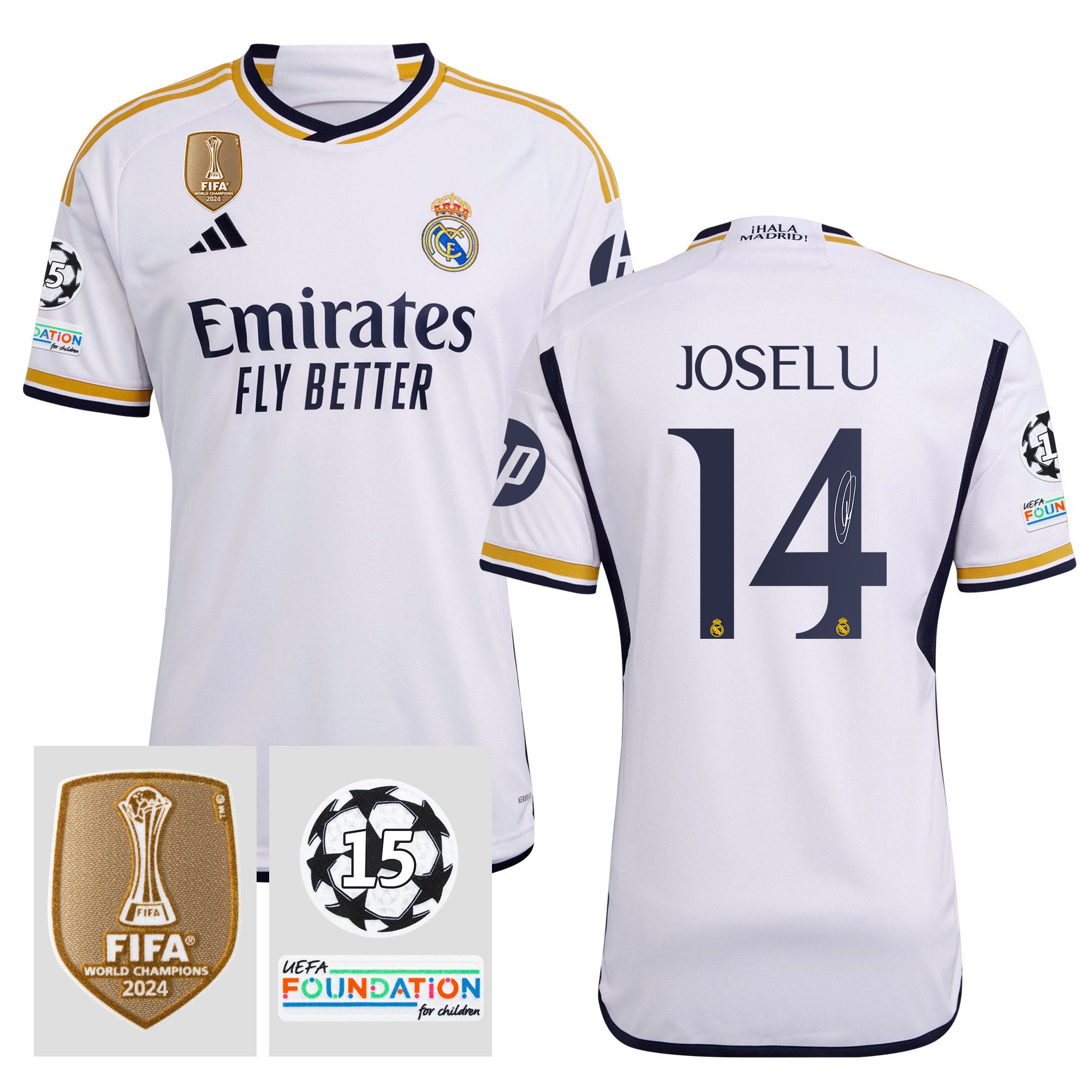 Joselu Mato 14 Signed Starball 15 Times Champions Real Madrid 2023/24 UEFA Patch Home Jersey Autographed – Men White