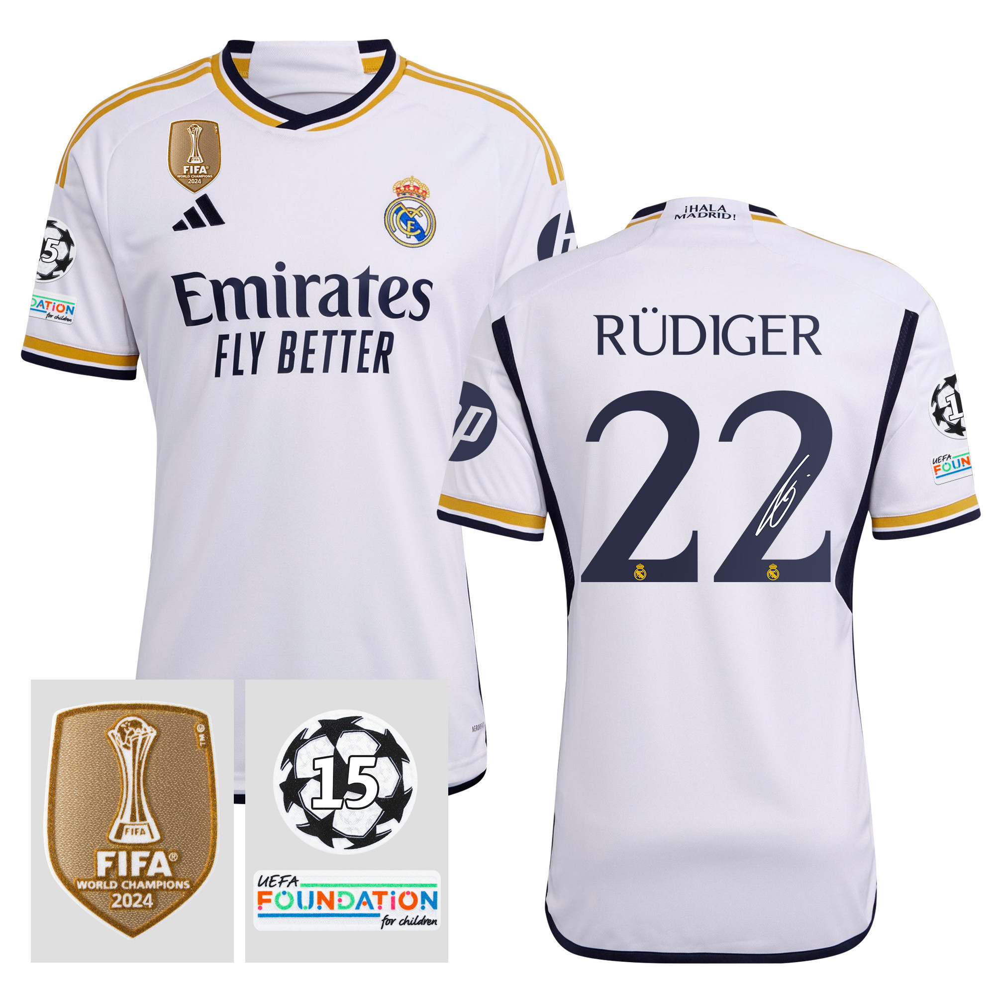 Antonio Rdiger 22 Signed Starball 15 Times Champions Real Madrid 2023/24 UEFA Patch Home Jersey Autographed – Men White