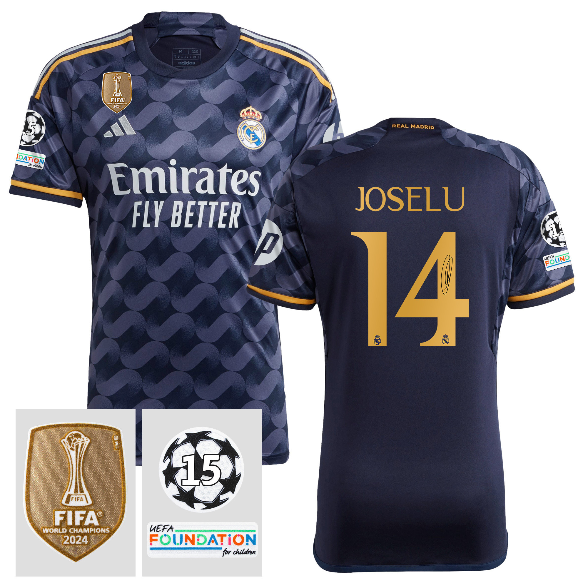 Joselu Mato 14 Signed Starball 15 Times Champions Real Madrid 2023/24 UEFA Patch Away Jersey Autographed – Men