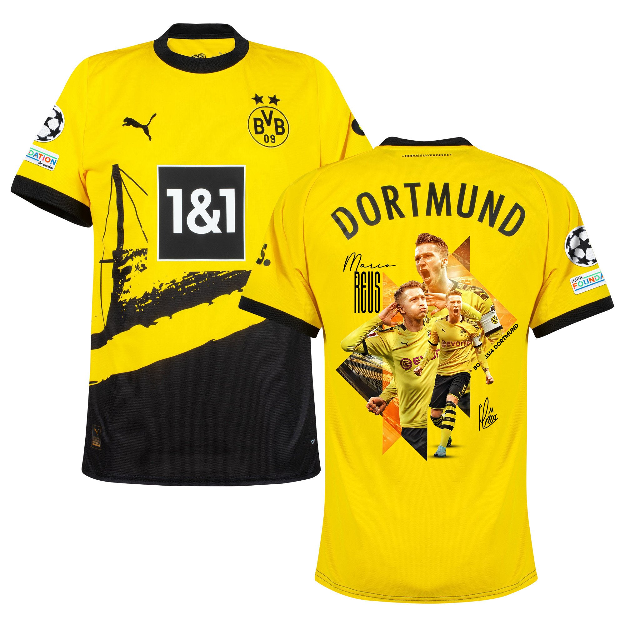 Marco Reus 11 Borussia Dortmund 2023/24 UEFA Patch Signed Cheering Print Graphic Home Jersey – Men