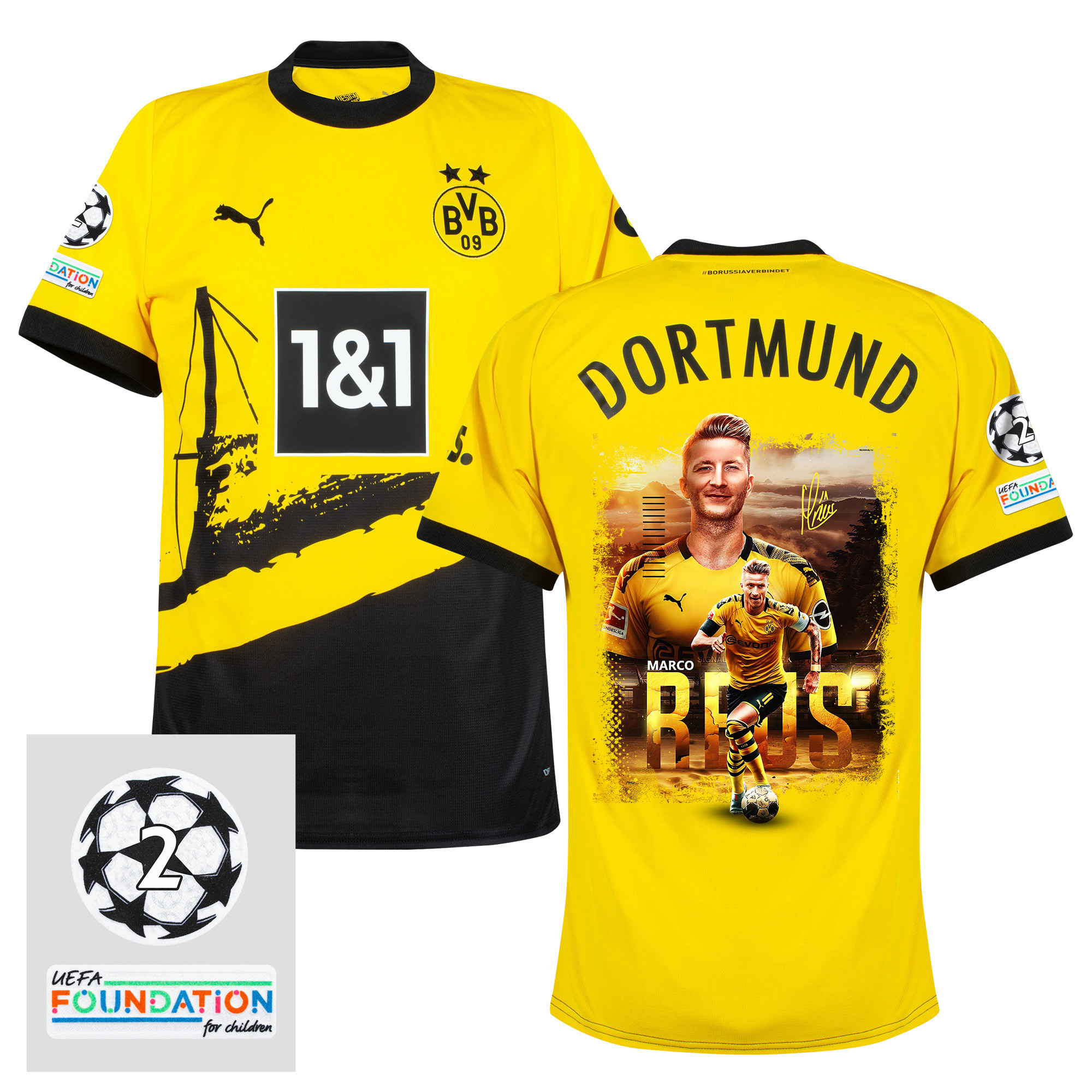 Marco Reus 11 UCL Starball 2 Times Champions Borussia Dortmund 2023/24 UEFA Patch HOME Jersey – Print Graphic Idea V5