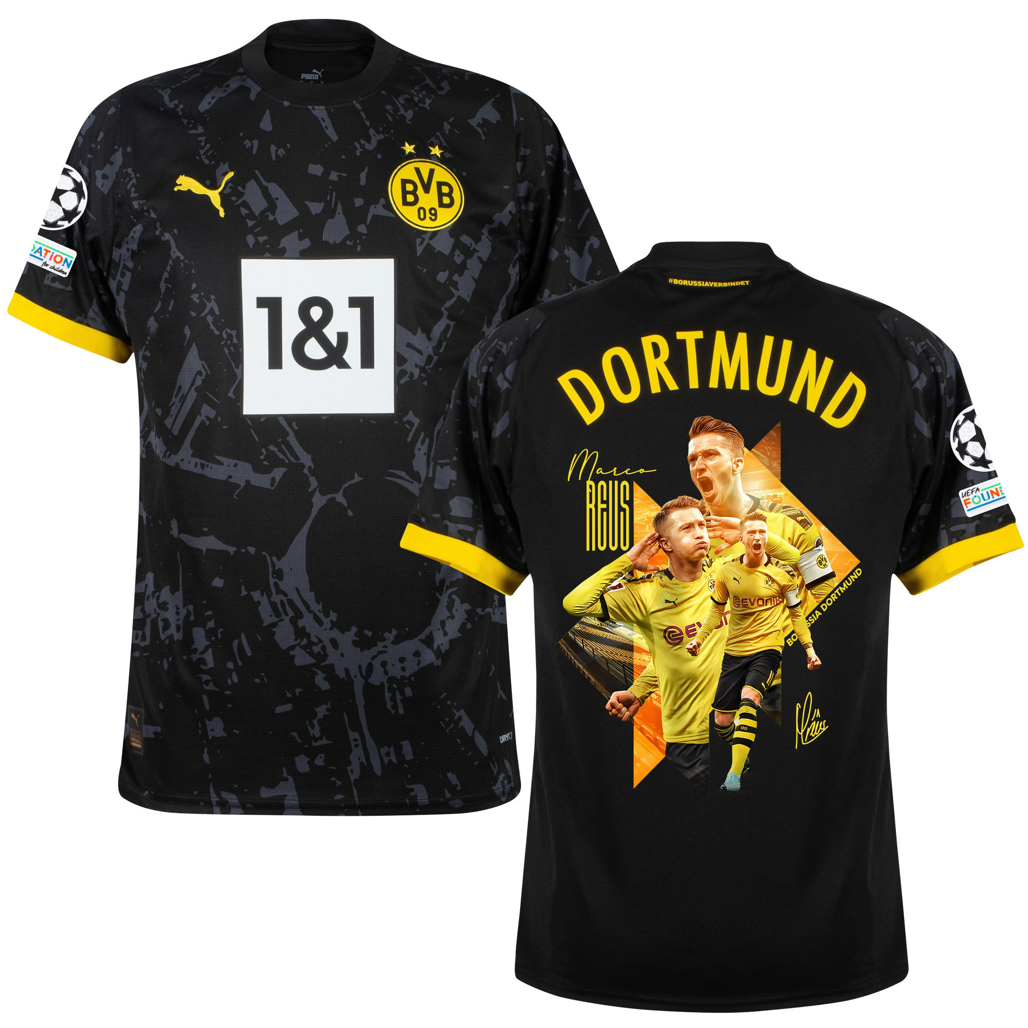 Marco Reus 11 Borussia Dortmund 2023/24 UEFA Patch Signed Cheering Print Graphic Away Jersey – Men