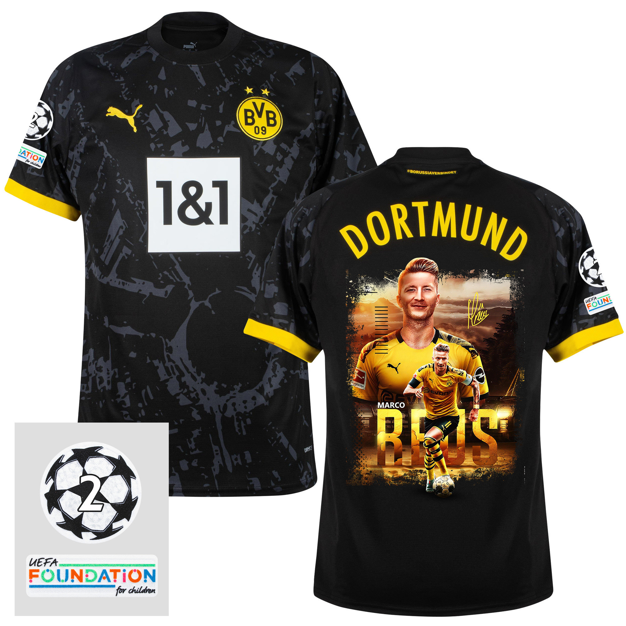 Marco Reus 11 UCL Starball 2 Times Champions Borussia Dortmund 2023/24 UEFA Patch AWAY Jersey – Print Graphic Idea V5