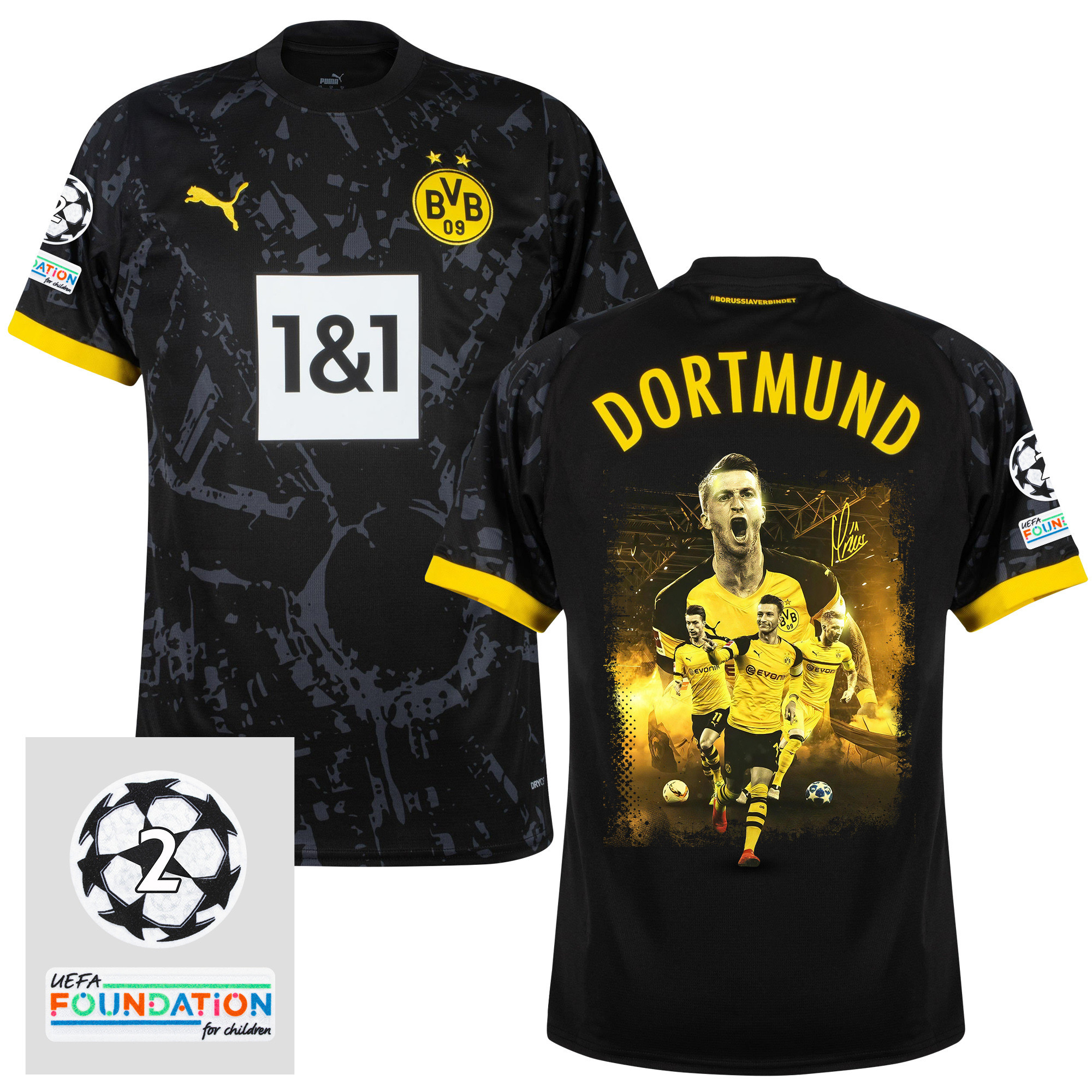 Marco Reus 11 UCL Starball 2 Times Champions Borussia Dortmund 2023/24 UEFA Patch AWAY Jersey – Print Graphic Idea V2