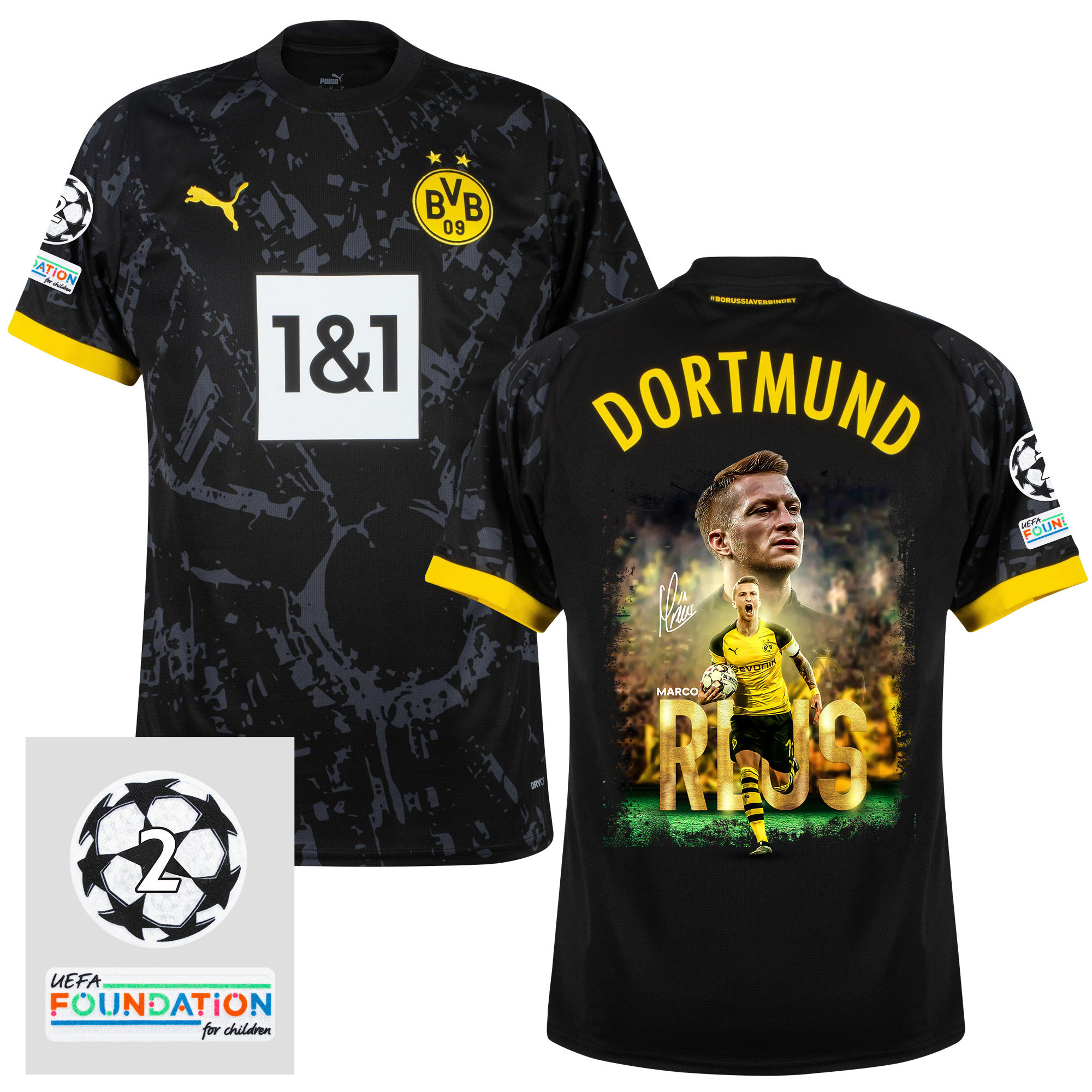 Marco Reus 11 UCL Starball 2 Times Champions Borussia Dortmund 2023/24 UEFA Patch AWAY Jersey – Print Graphic Idea V4