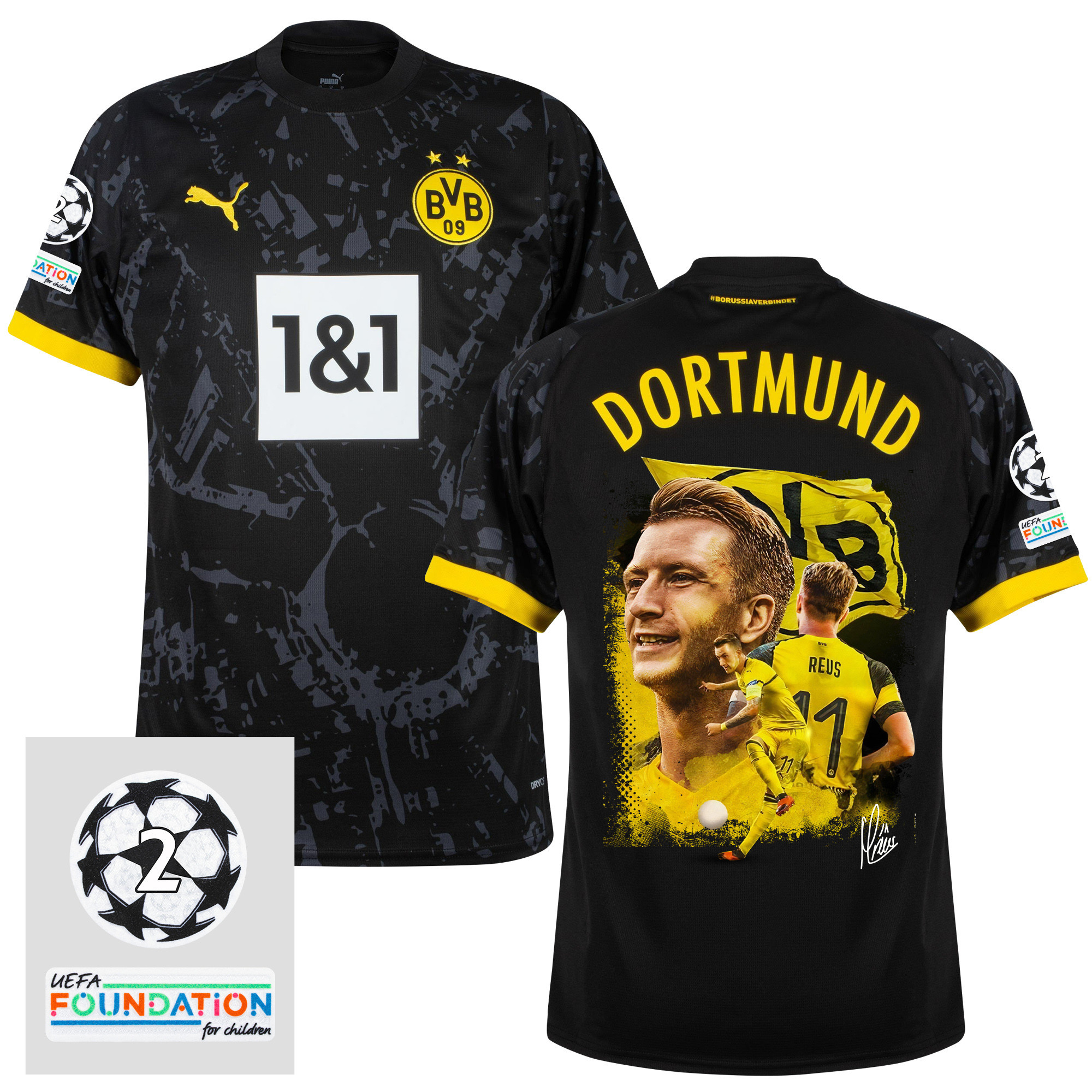 Marco Reus 11 UCL Starball 2 Times Champions Borussia Dortmund 2023/24 UEFA Patch AWAY Jersey – Print Graphic Idea V1