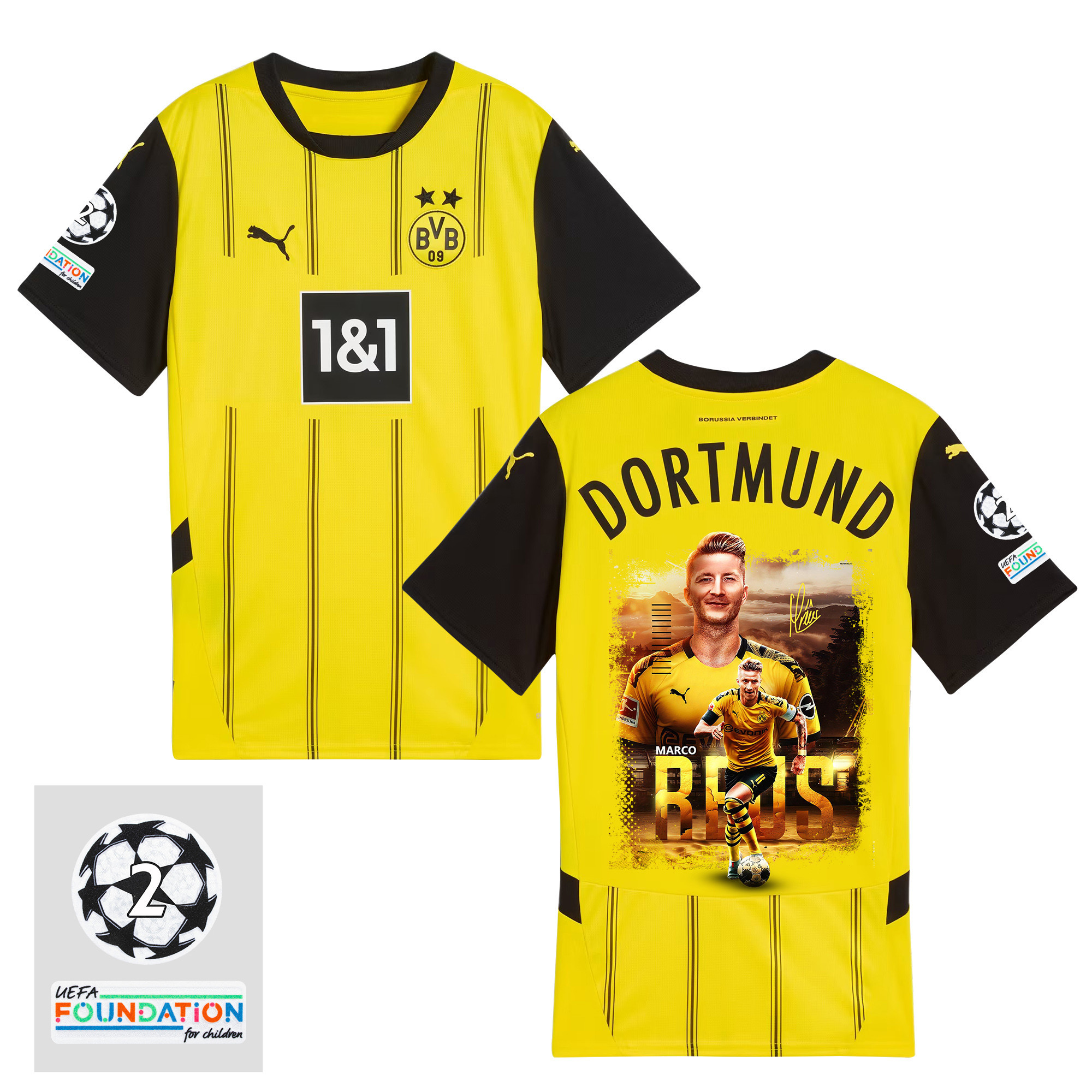 Marco Reus 11 UCL Starball 2 Times Champions Borussia Dortmund 2024/25 UEFA Patch Home Jersey – Idea Print Graphic V1
