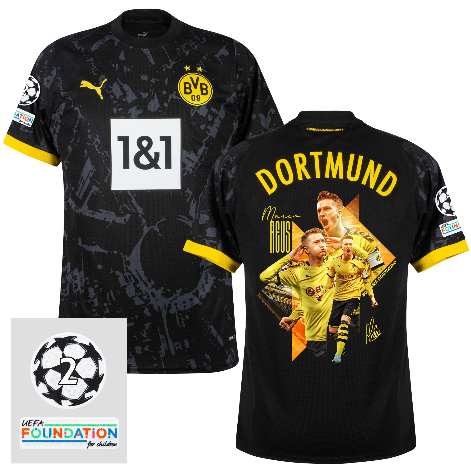 Marco Reus 11 UCL Starball 2 Times Champions Borussia Dortmund 2023/24 UEFA Patch AWAY Jersey – Print Graphic Idea V3