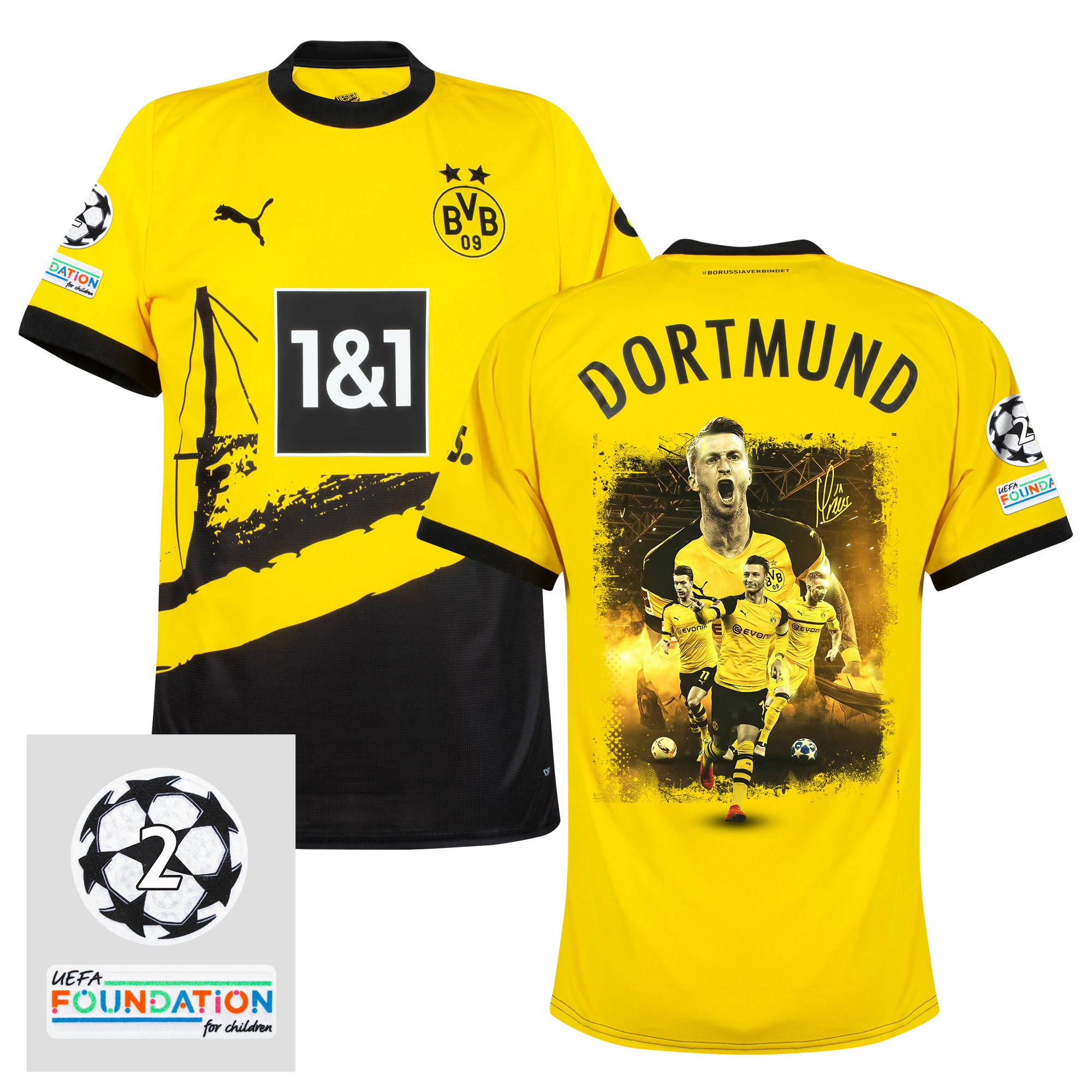 Marco Reus 11 UCL Starball 2 Times Champions Borussia Dortmund 2023/24 UEFA Patch HOME Jersey – Print Graphic Idea V2