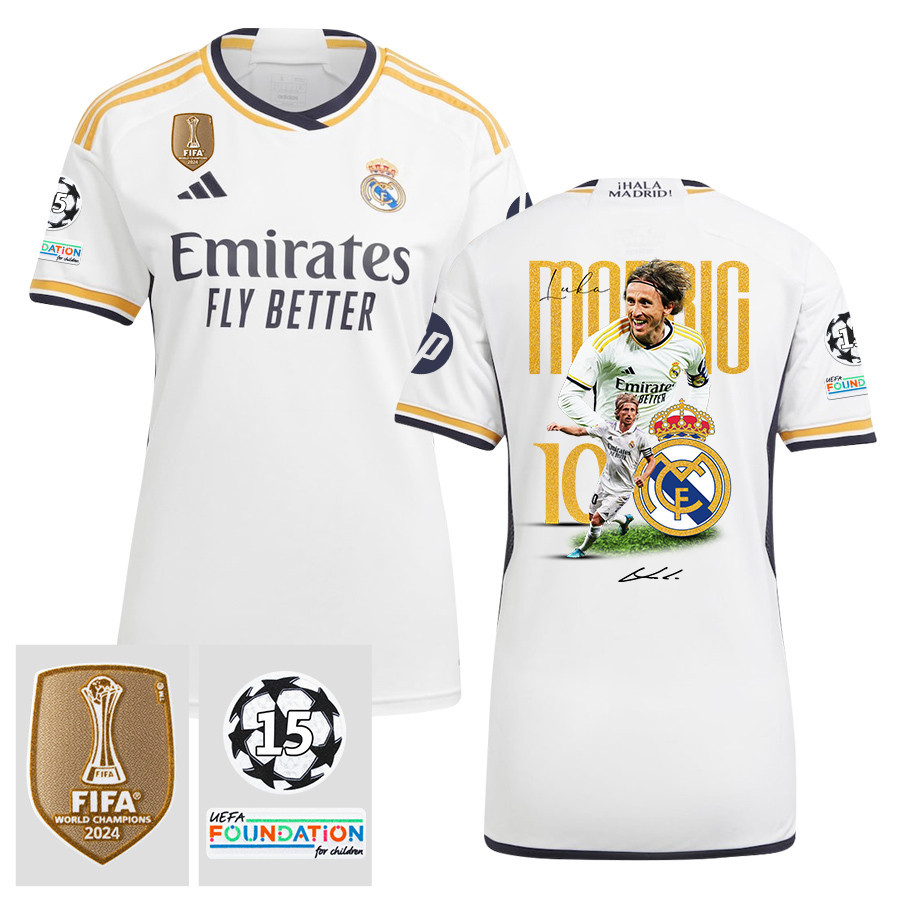 Luka Modric 10 Starball 15 Times Champions Real Madrid 2023/24 UEFA Patch Home Women Jersey, Trophy-Laden Journey