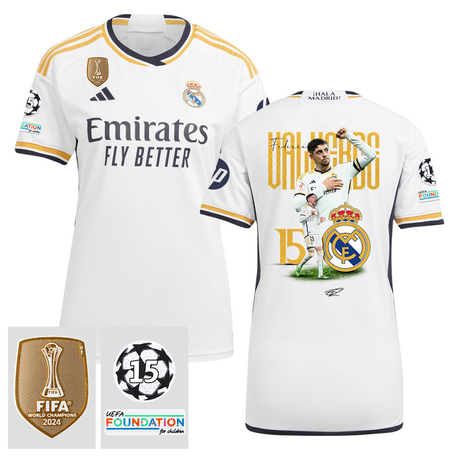 Federico Valverde 15 Starball 15 Times Champions Real Madrid 2023/24 UEFA Patch Home Women Jersey, Trophy-Laden Journey