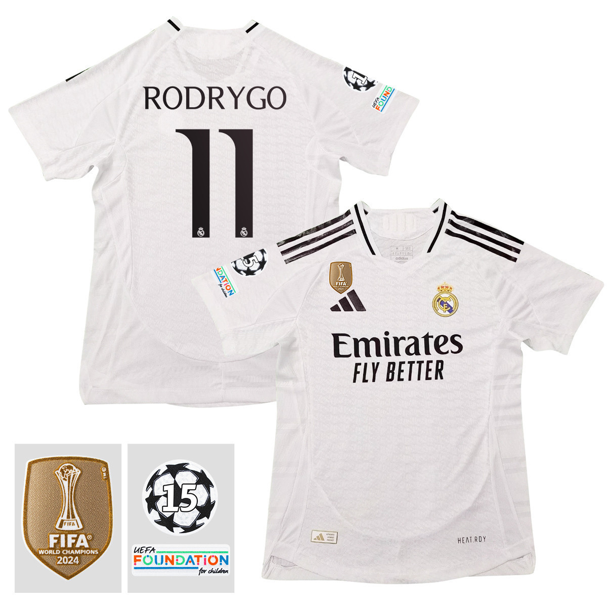 Rodrygo 11 Real Madrid 2024/25 15 Times Champions Patch Home Jersey – Men, White