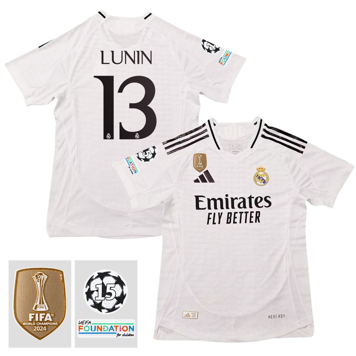 Andriy Lunin 13 Real Madrid 2024/25 15 Times Champions Patch Home Jersey – Men, White