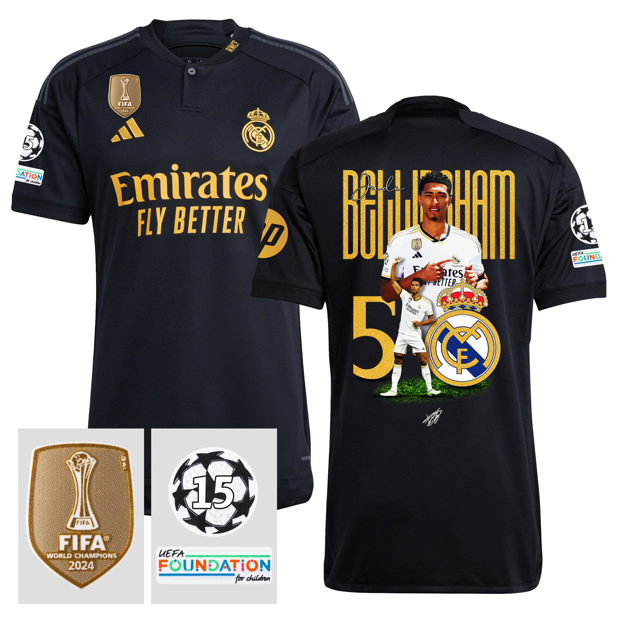 Jude Bellingham 5 Master Of The Pass 15 Times Champions Real Madrid 2023/24 UEFA Patch Third Jersey – Men