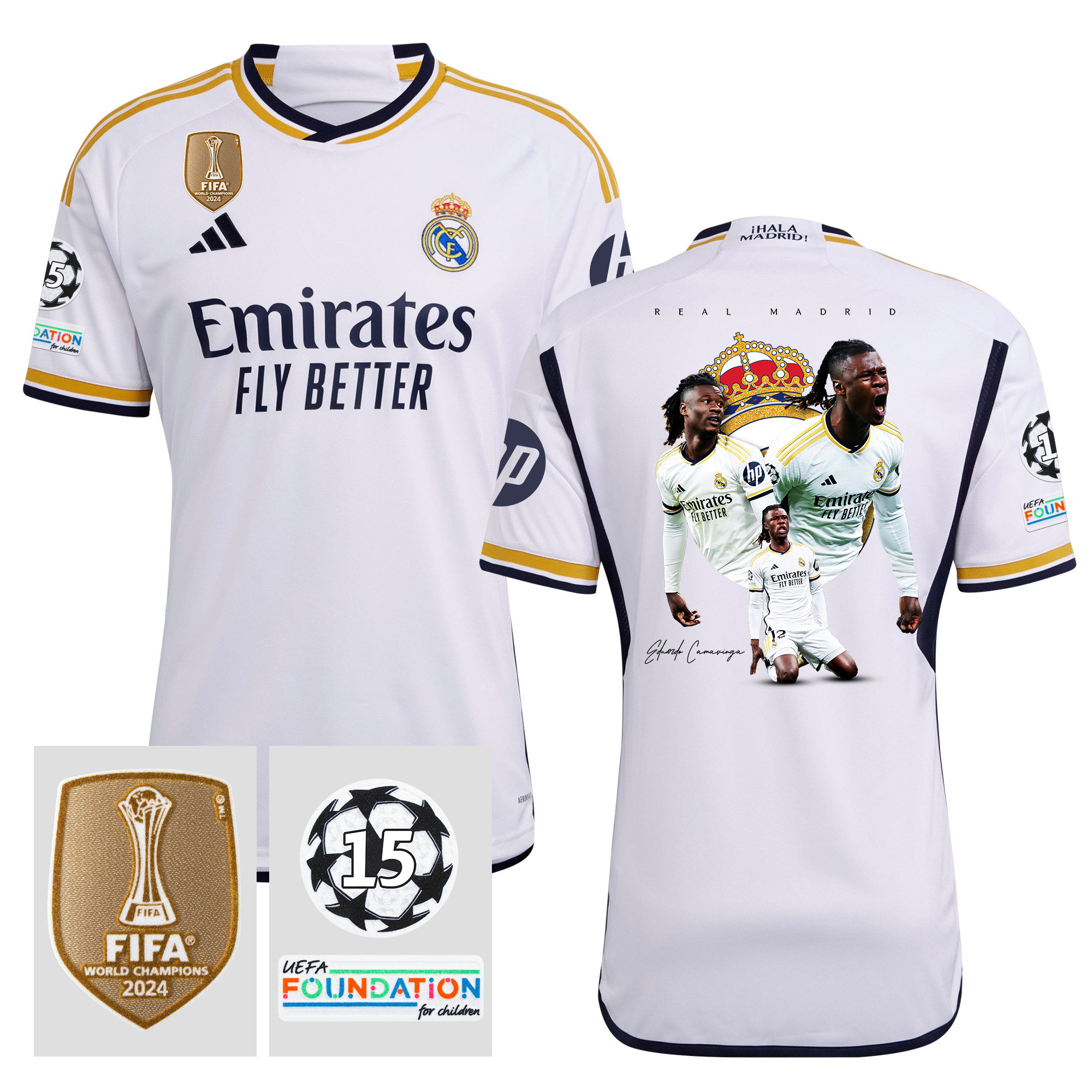 Eduardo Camavinga 12 Real Madrid 2023/24 15 Times Champions UEFA Patch Home Jersey – Best Moments