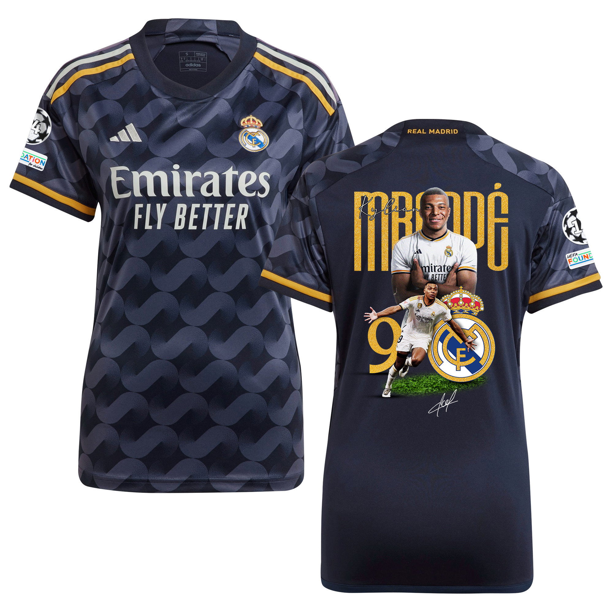 Kylian Mbappe 9 Real Madrid 2023/24 UEFA 14 Times Champions Patch Away Women Jersey – UEFA Patch