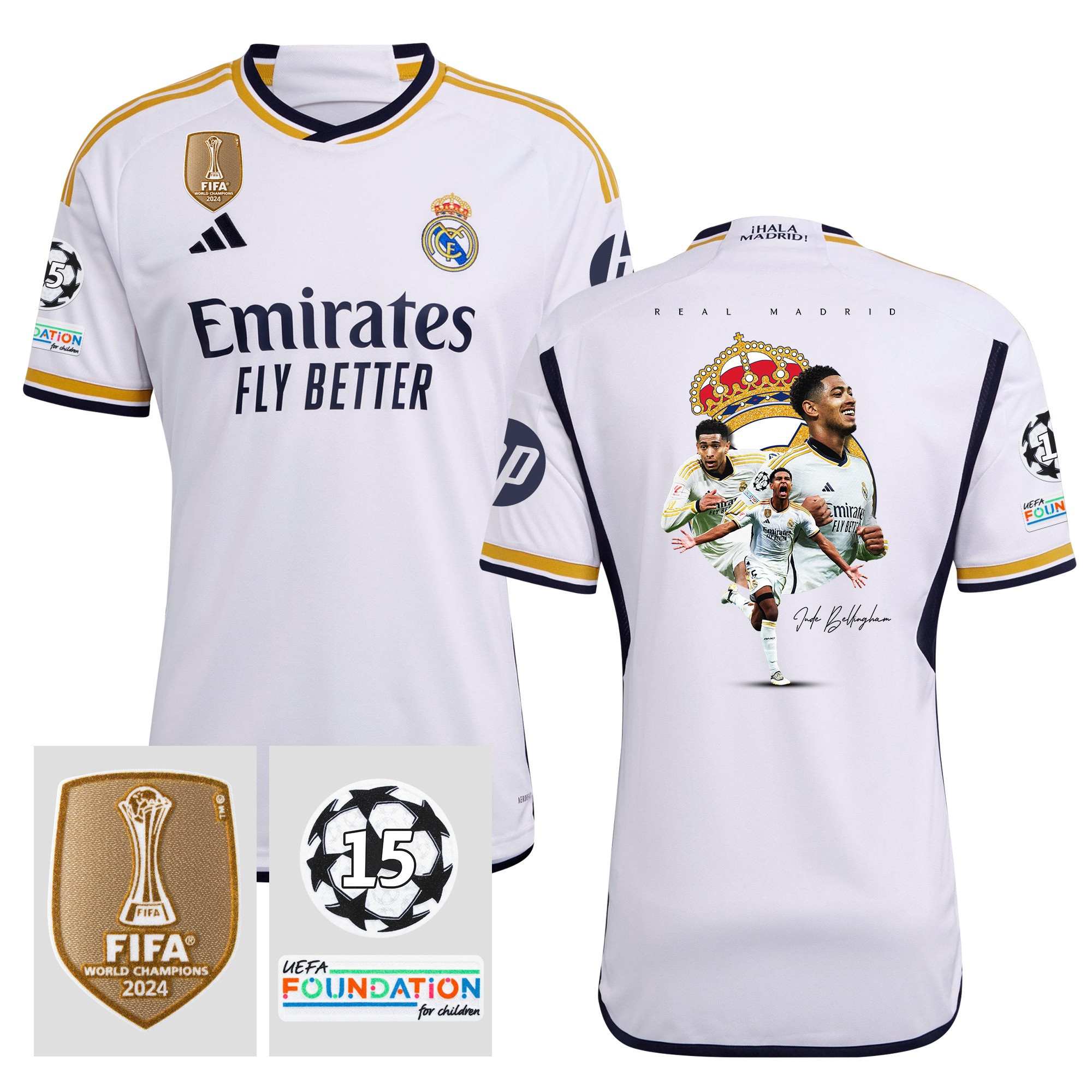 Jude Bellingham 5 Real Madrid 2023/24 15 Times Champions UEFA Patch Home Jersey – Best Moments