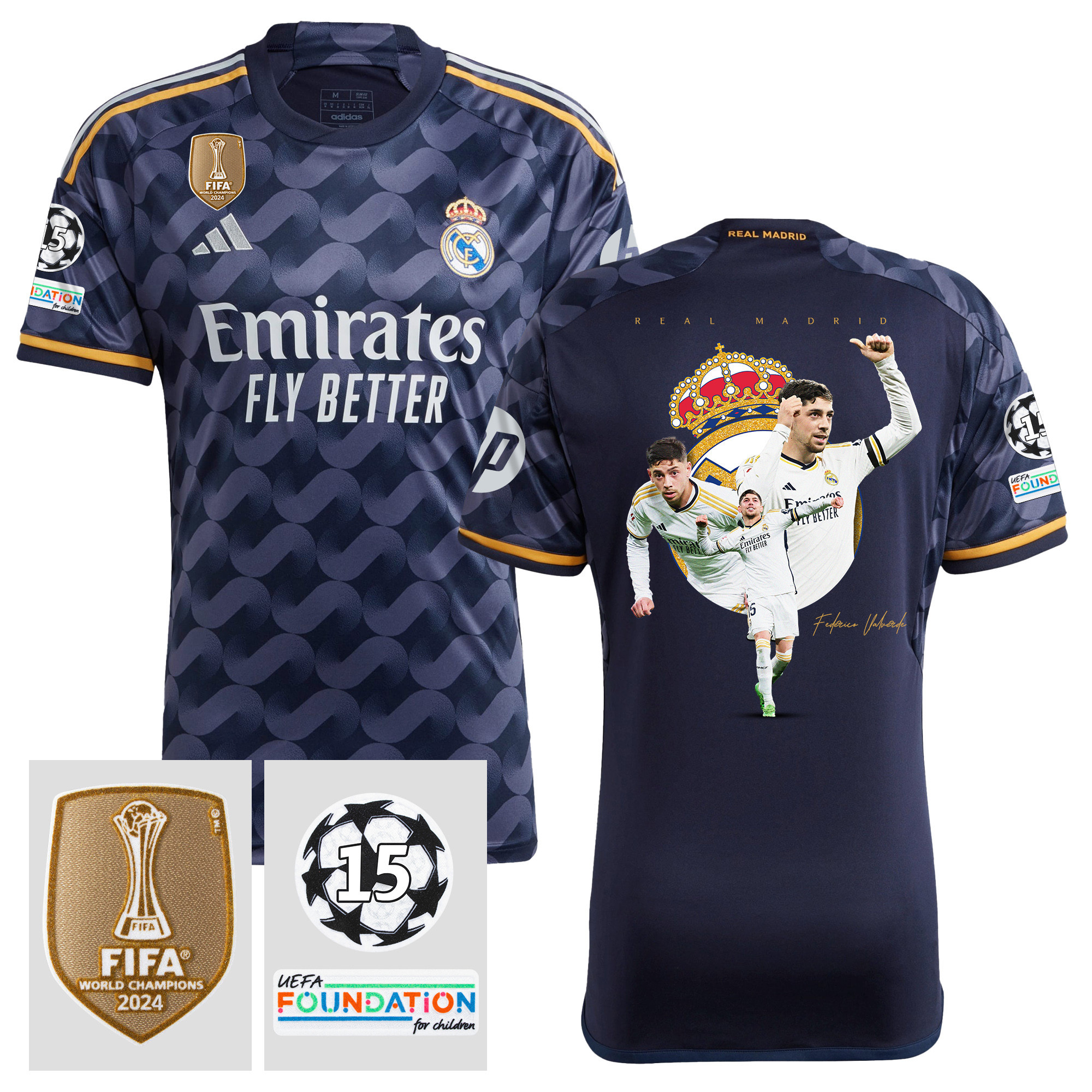 Federico Valverde 15 Real Madrid 2023/24 15 Times Champions UEFA Patch Away Jersey – Best Moments