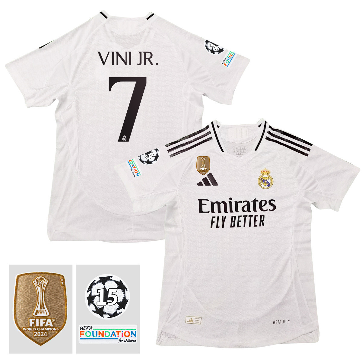 Vinicius Junior 7 Real Madrid 2024/25 15 Times Champions Patch Home Jersey – Men, White