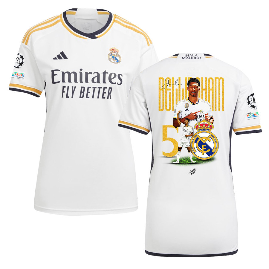 Jude Bellingham 5 Real Madrid 2023/24 UEFA 14 Times Champions Patch Home Women Jersey – UEFA Patch