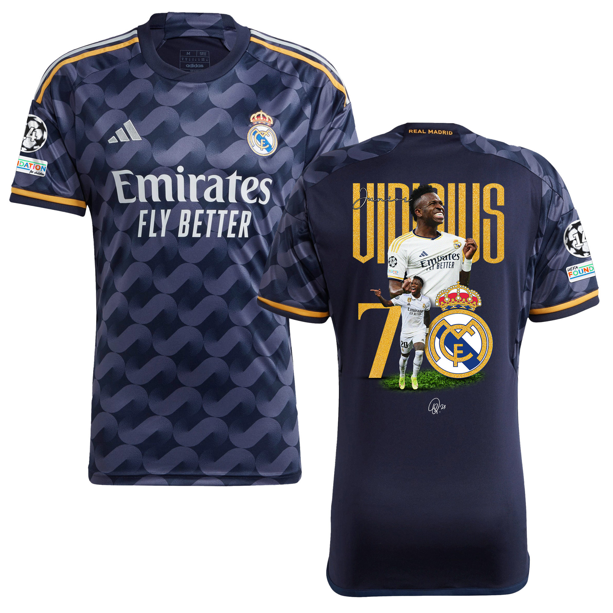 Vinicius Junior 7 Real Madrid 2023/24 UEFA 14 Times Champions Patch Away Jersey – Men, UEFA Patch