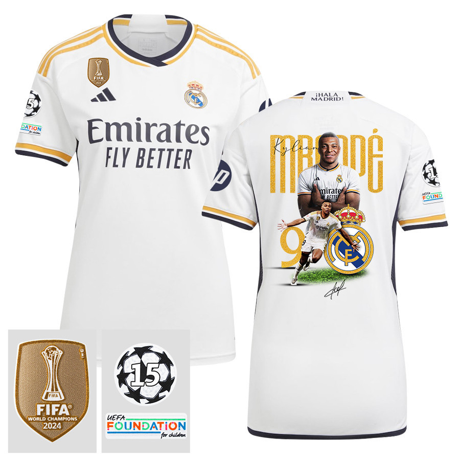 Kylian Mbappe 9 Starball 15 Times Champions Real Madrid 2023/24 UEFA Patch Home Women Jersey, Trophy-Laden Journey
