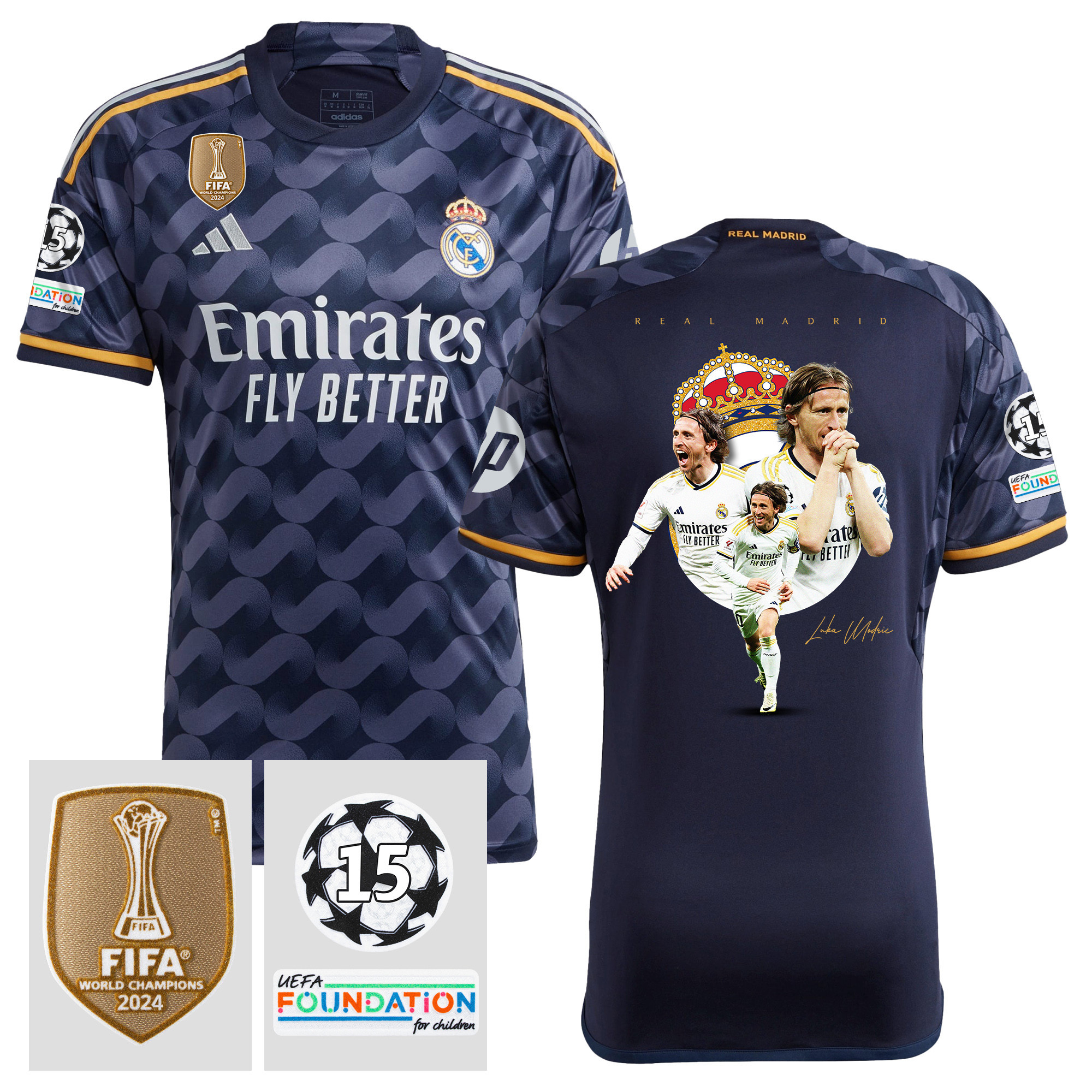 Luka Modric 10 Real Madrid 2023/24 15 Times Champions UEFA Patch Away Jersey – Best Moments