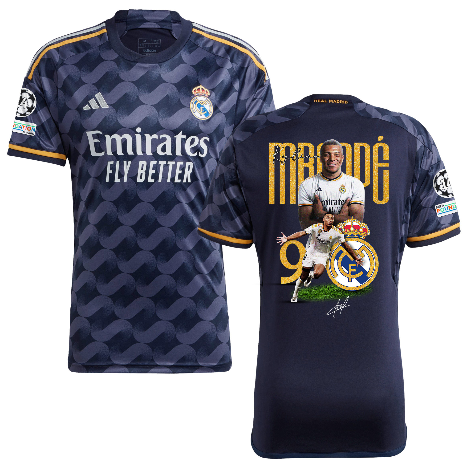 Kylian Mbappe 9 Real Madrid 2023/24 UEFA 14 Times Champions Patch Away Jersey – Men, UEFA Patch