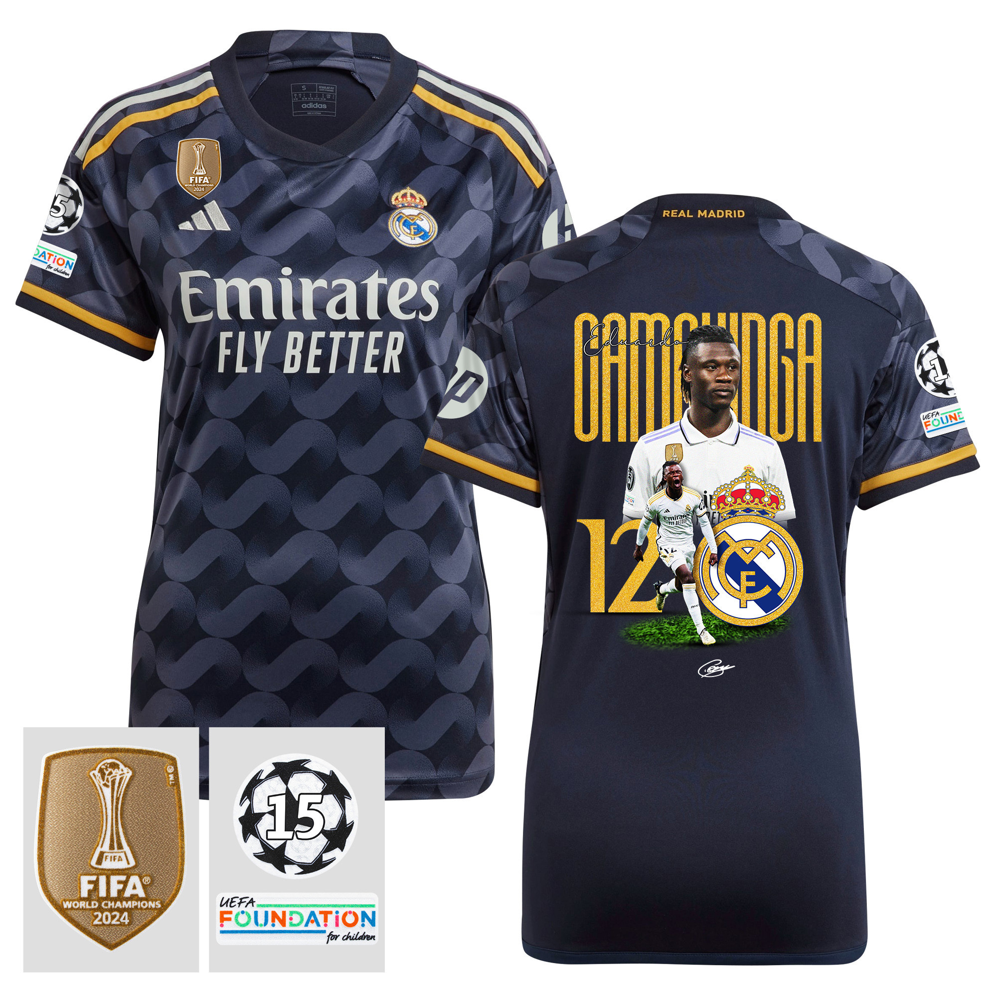 Eduardo Camavinga 12 Starball 15 Times Champions Real Madrid 2023/24 UEFA Patch Away Women Jersey, Trophy-Laden Journey