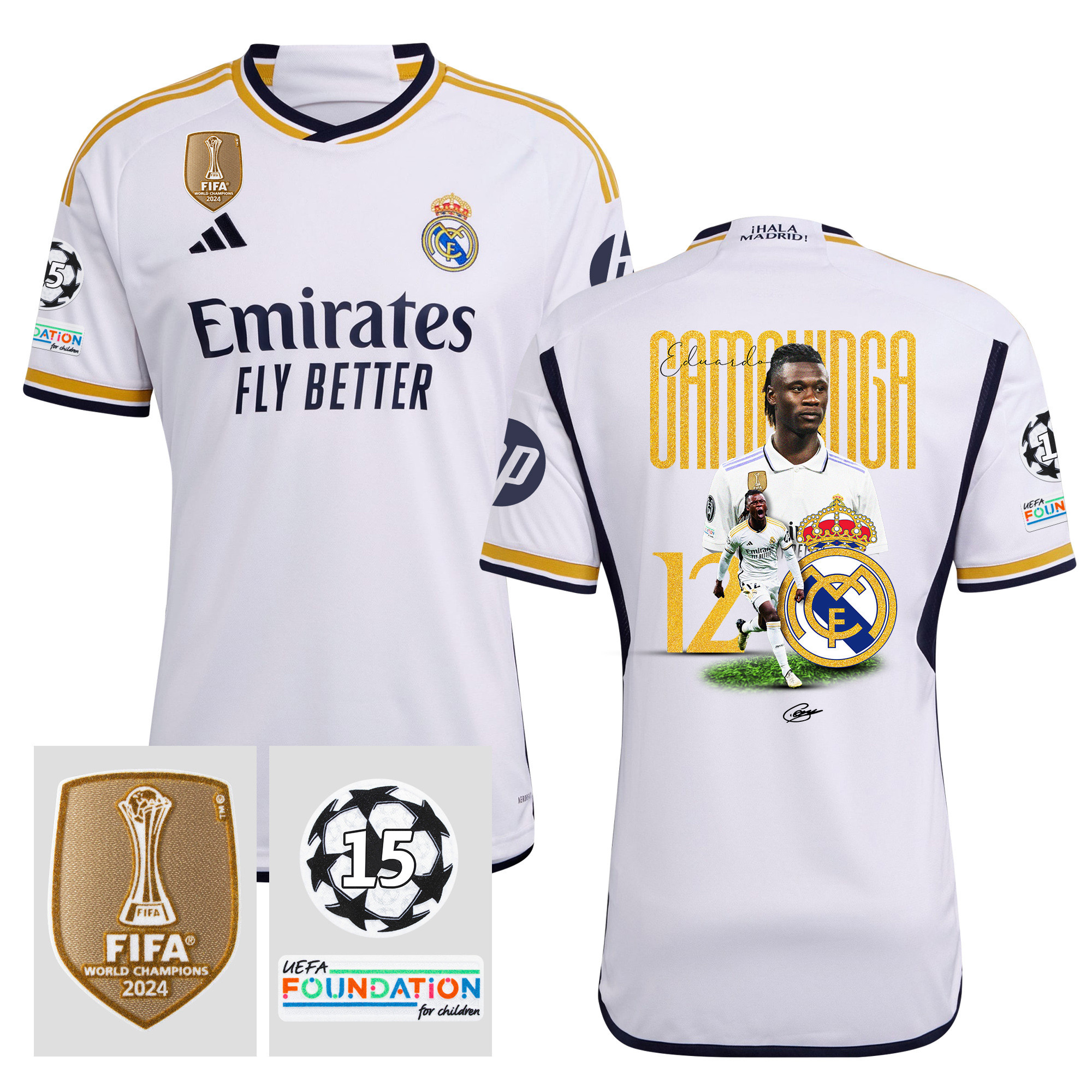 Eduardo Camavinga 12 Legacy Of A Legend 15 Times Champions Real Madrid 2023/24 UEFA Patch Home Jersey – Men