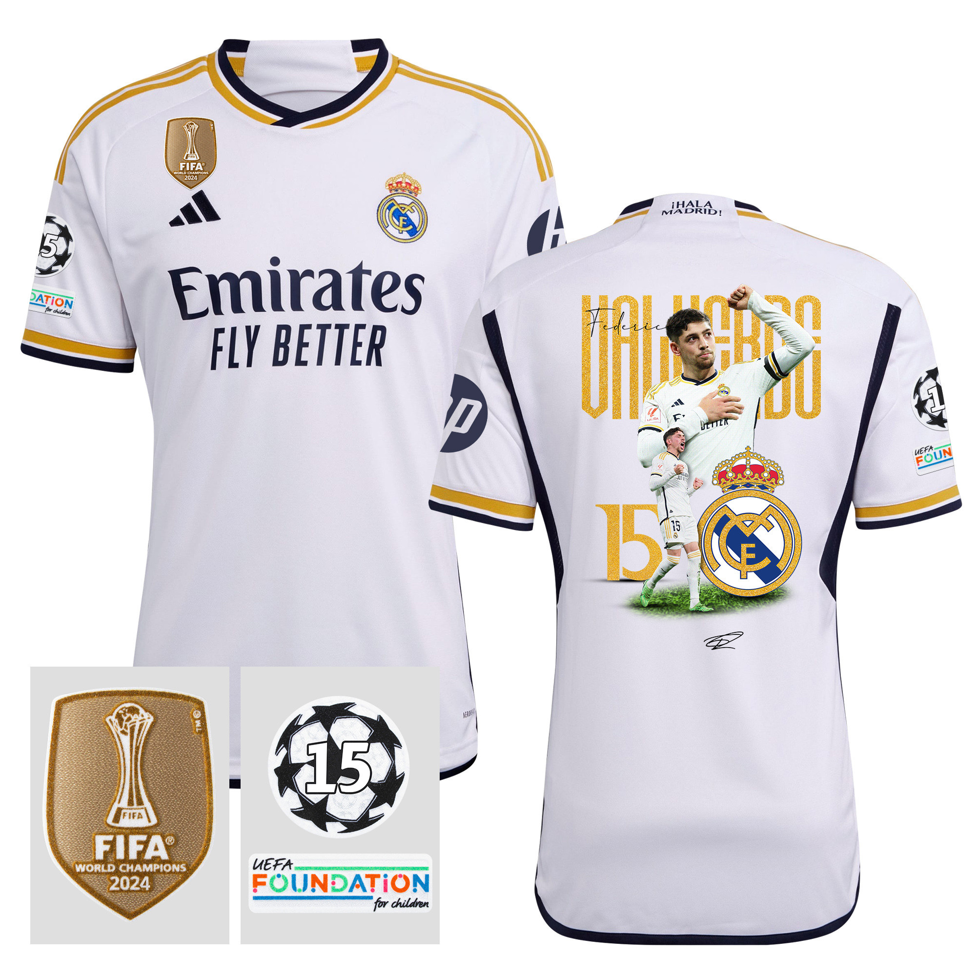 Federico Valverde 15 Legacy Of A Legend 15 Times Champions Real Madrid 2023/24 UEFA Patch Home Jersey – Men
