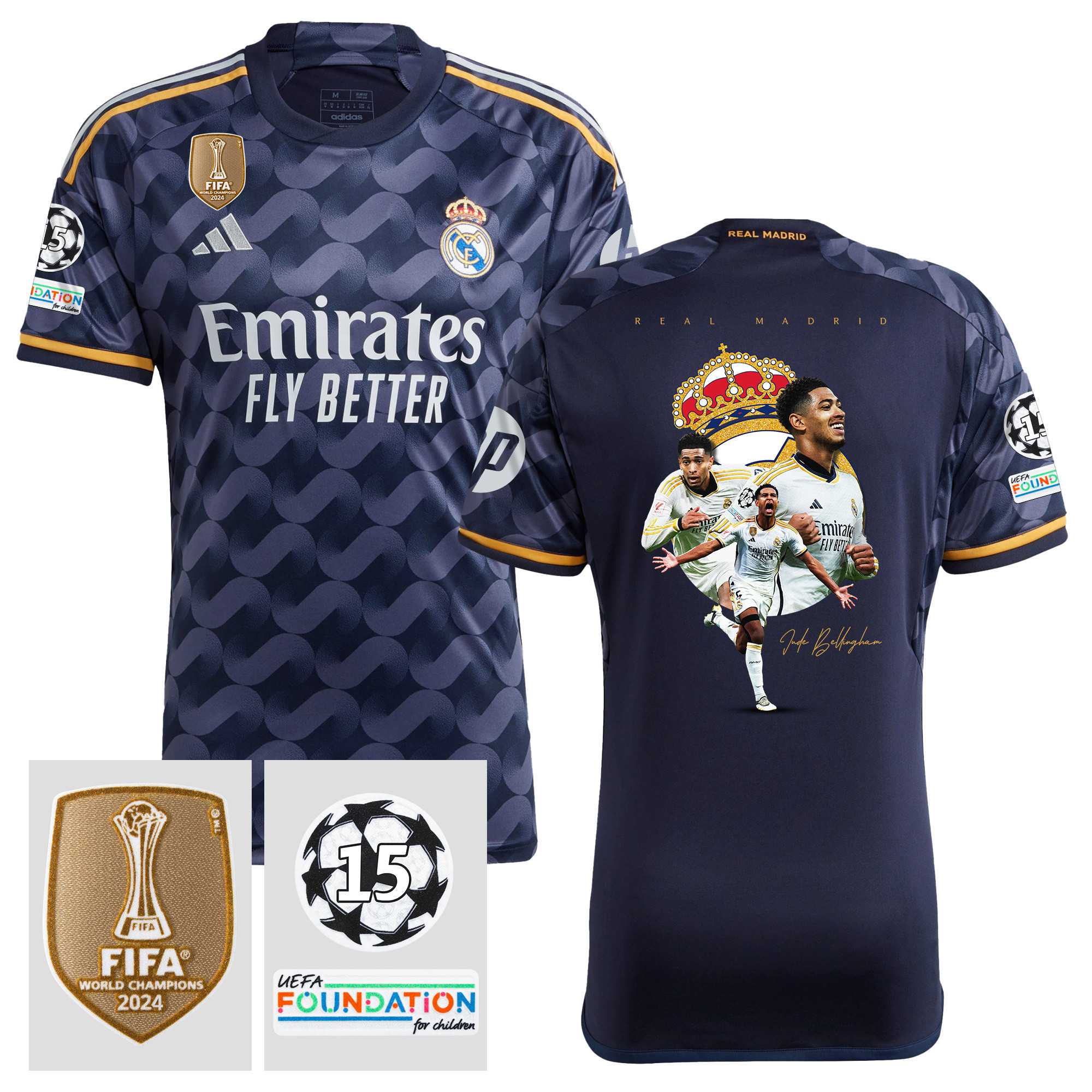Jude Bellingham 5 Real Madrid 2023/24 15 Times Champions UEFA Patch Away Jersey – Best Moments