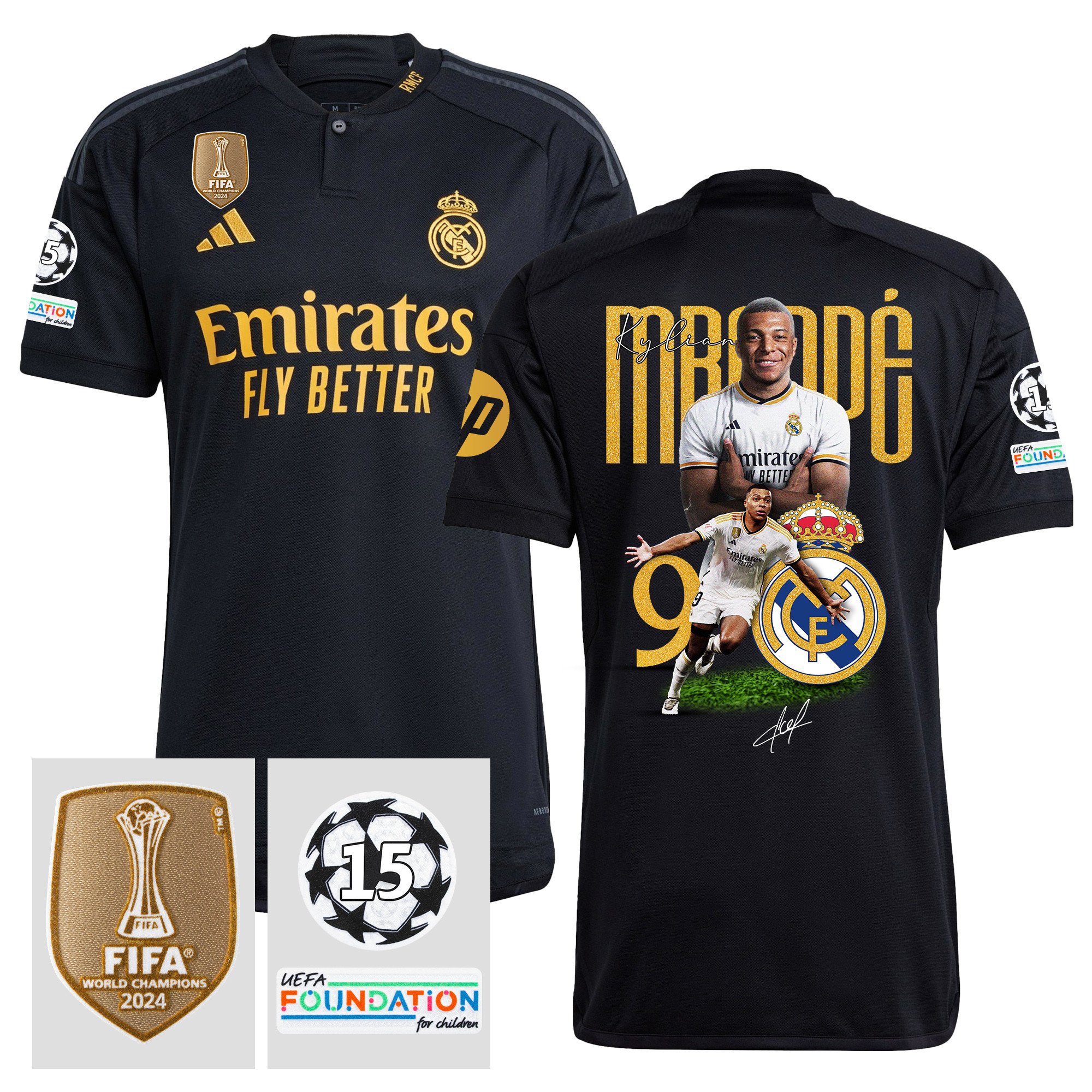 Kylian Mbappe 9 New Star Of Club 15 Times Champions Real Madrid 2023/24 UEFA Patch Third Jersey – Men