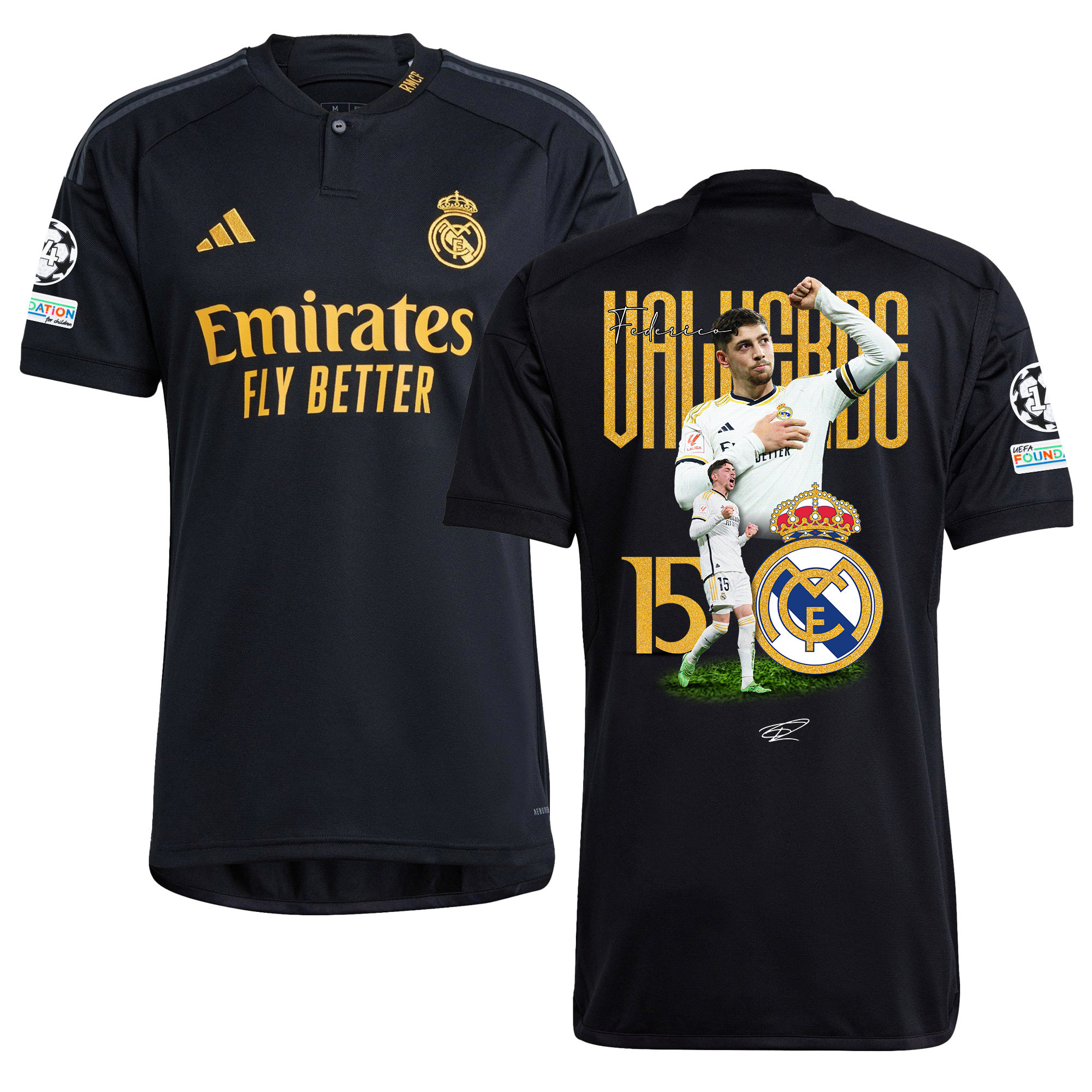 Eduardo Camavinga 12 Real Madrid 2023/24 UEFA 14 Times Champions Patch Third Jersey – Men, UEFA Patch