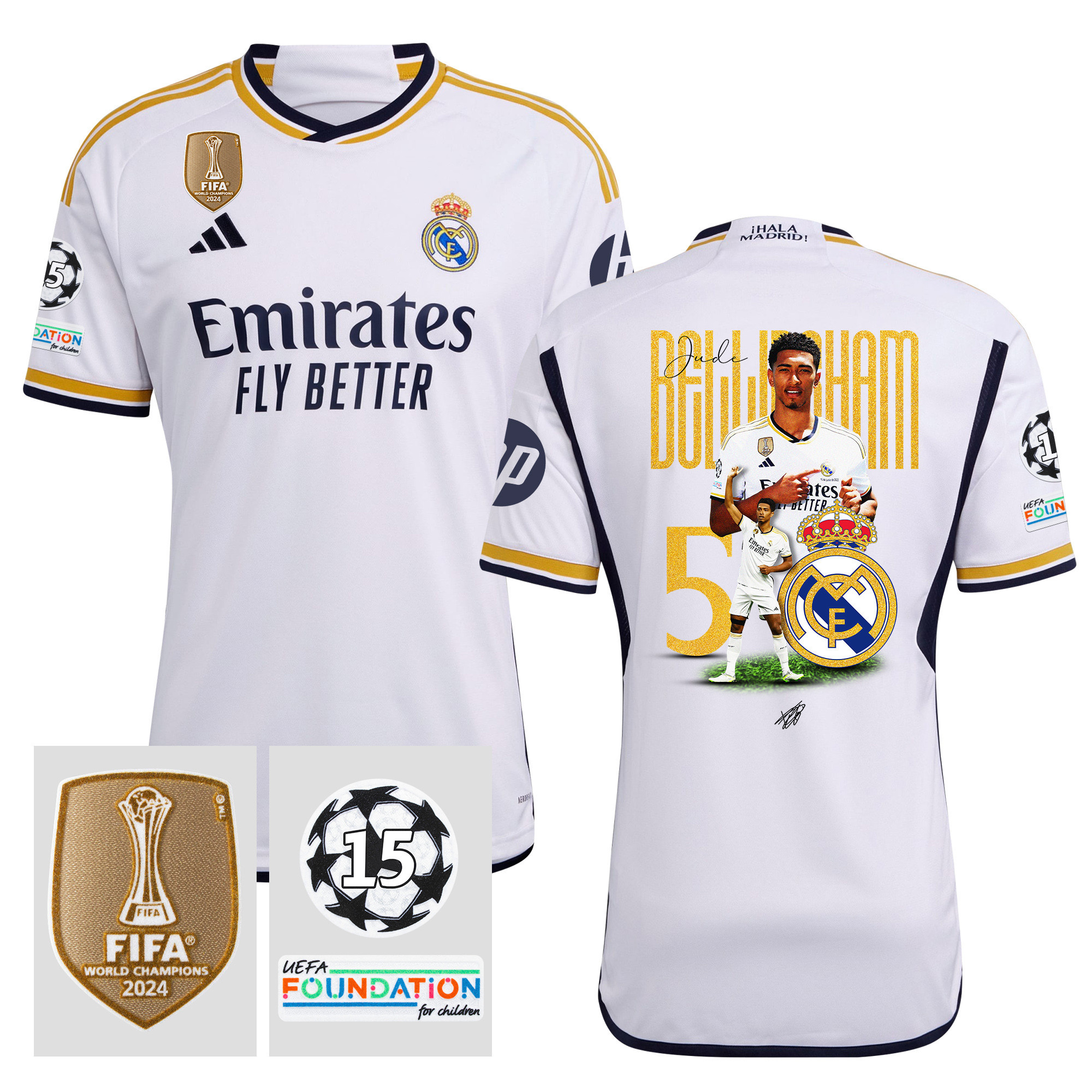 Jude Bellingham 5 Master Of The Pass 15 Times Champions Real Madrid 2023/24 UEFA Patch Home Jersey – Men