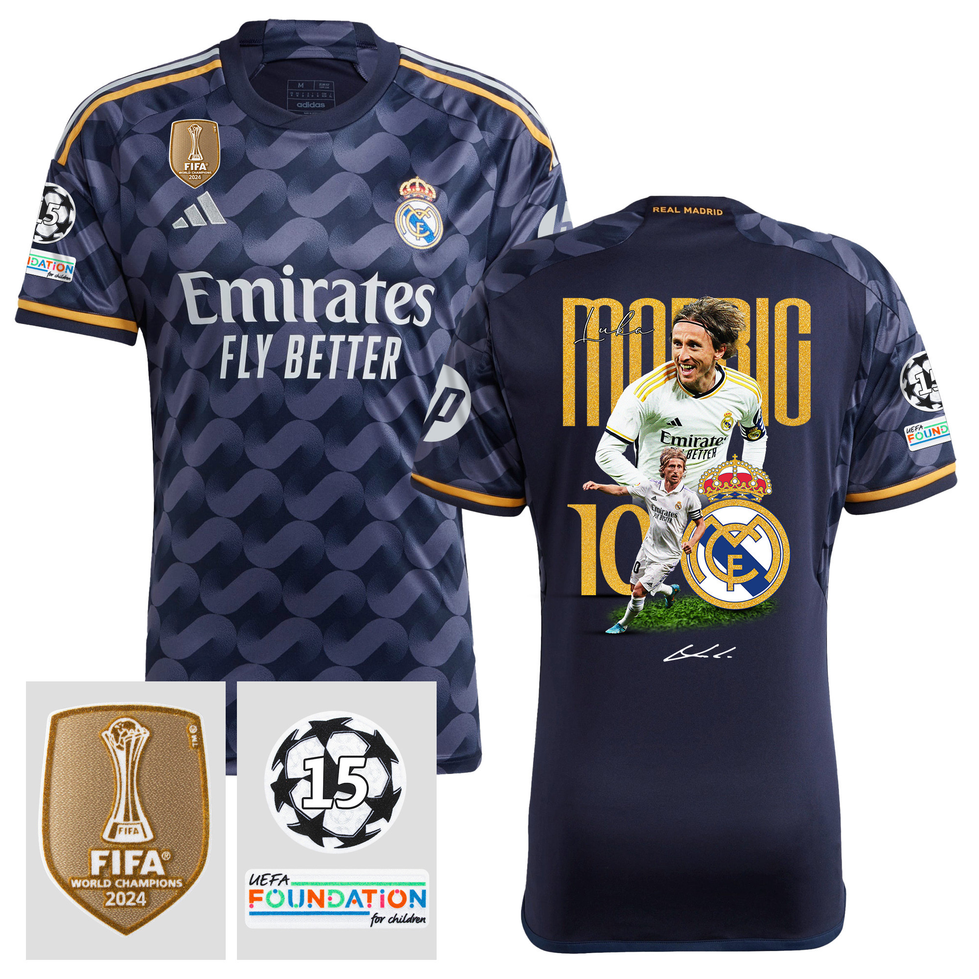 Luka Modric 10 Master Of The Pass 15 Times Champions Real Madrid 2023/24 UEFA Patch Away Jersey – Men