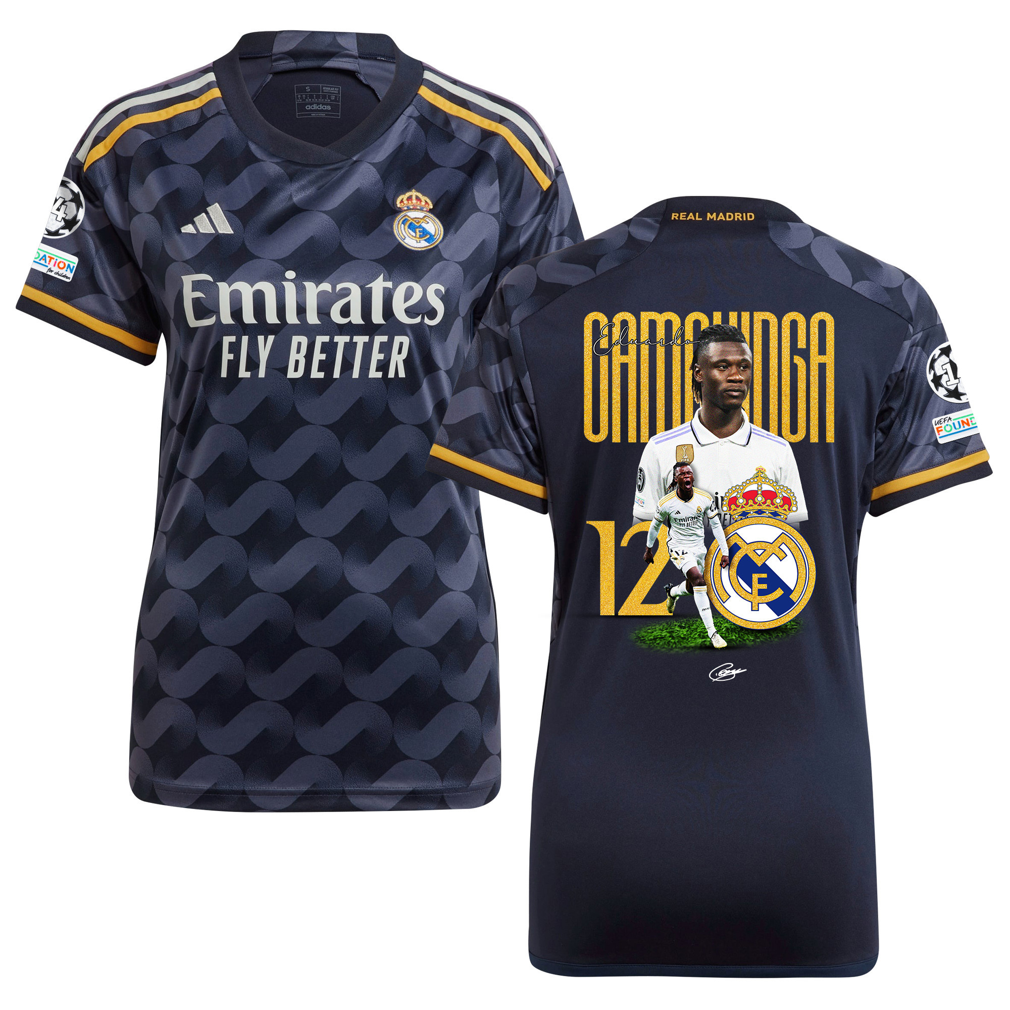 Eduardo Camavinga 12 Real Madrid 2023/24 UEFA 14 Times Champions Patch Away Women Jersey – UEFA Patch