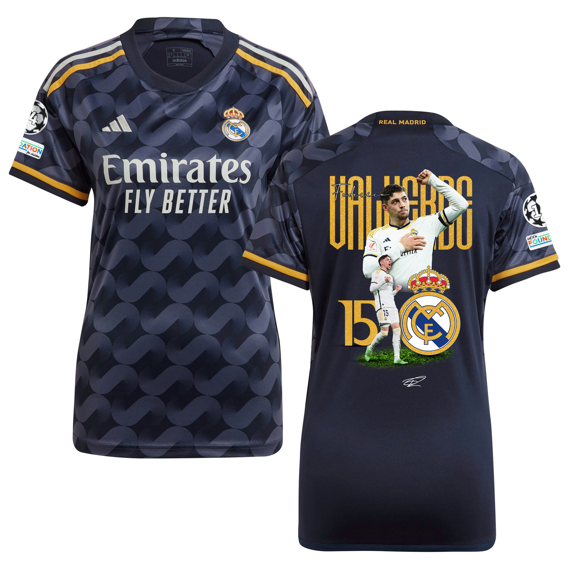Federico Valverde 15 Real Madrid 2023/24 UEFA 14 Times Champions Patch Away Women Jersey – UEFA Patch