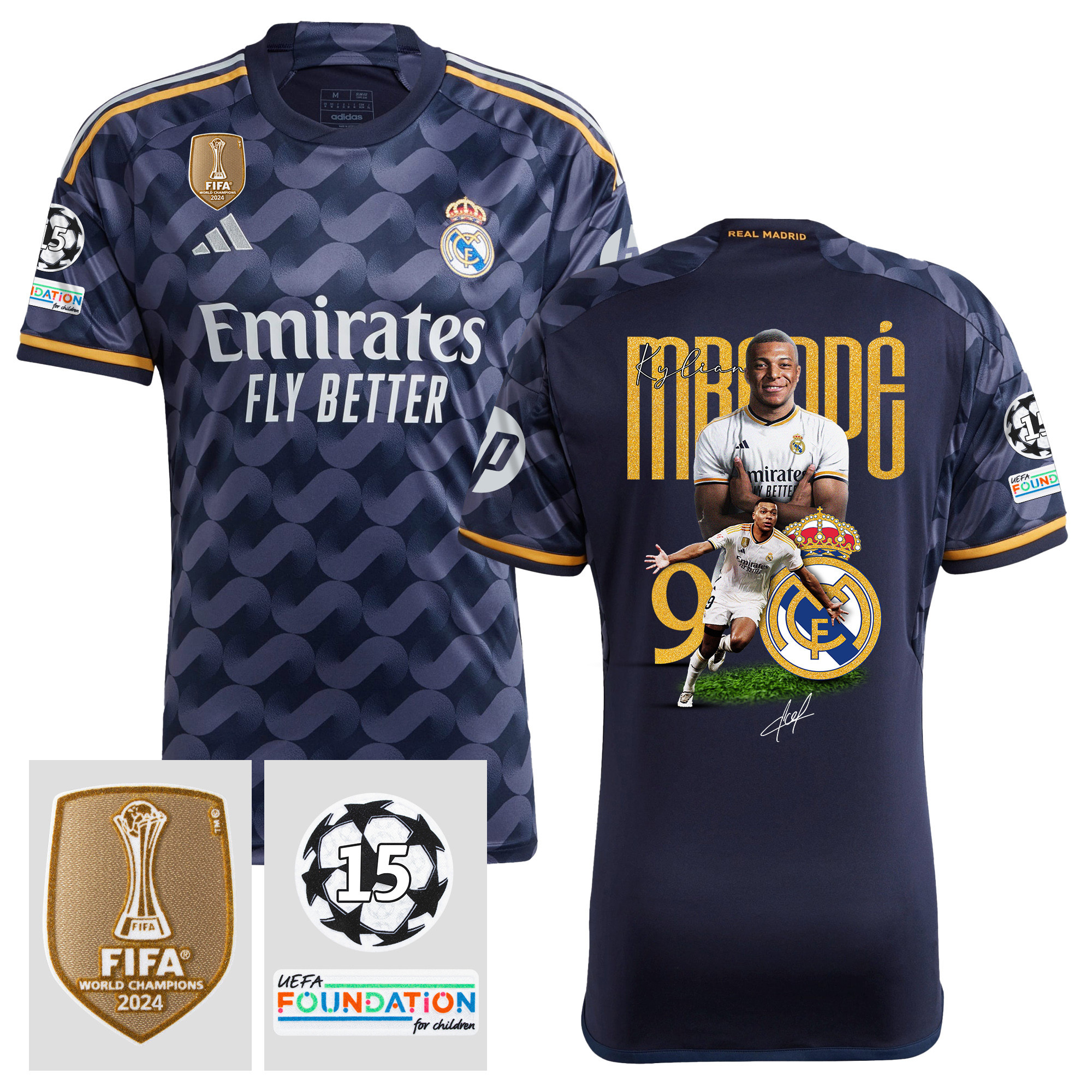 Kylian Mbappe 9 New Star Of Club 15 Times Champions Real Madrid 2023/24 UEFA Patch Away Jersey – Men