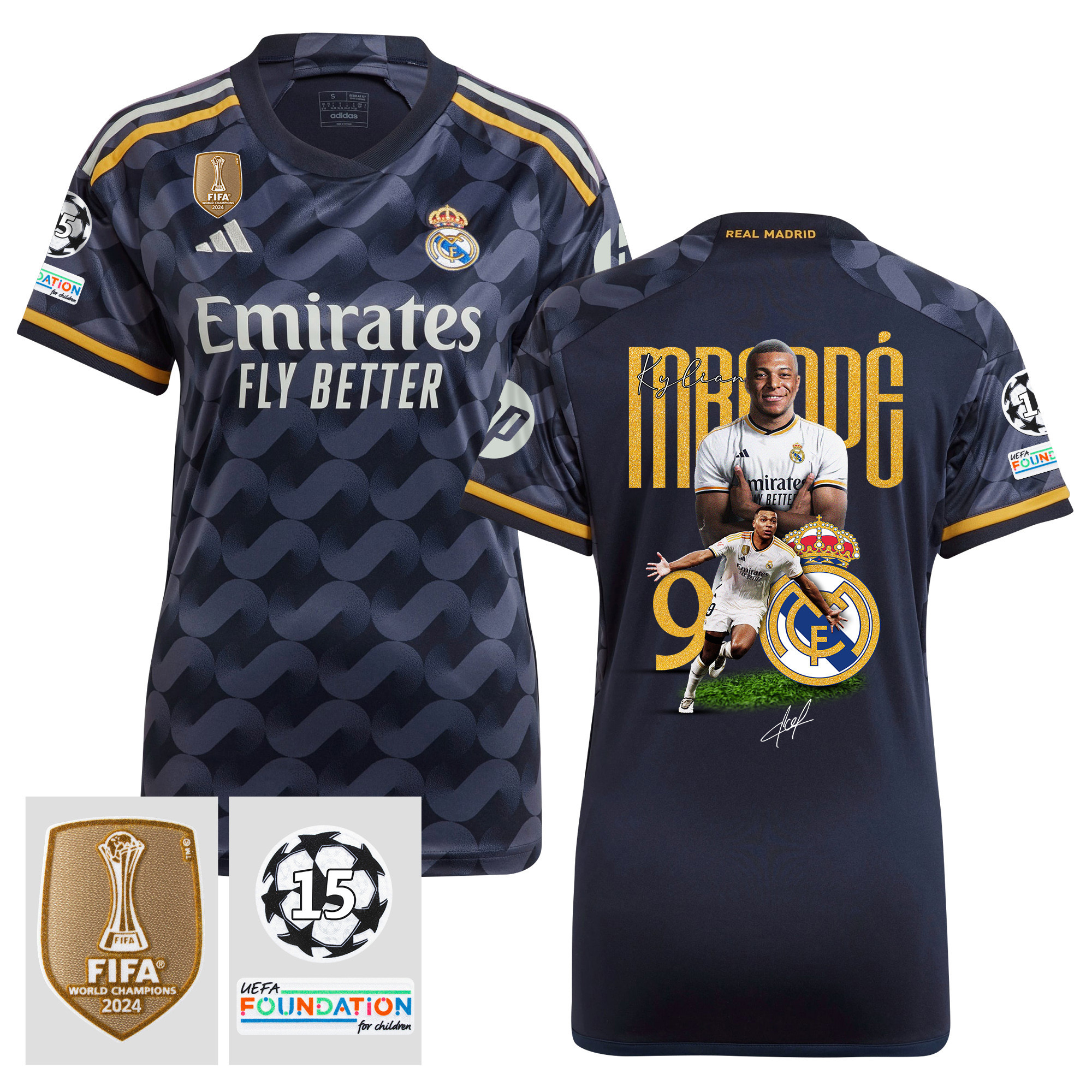 Kylian Mbappe 9 Starball 15 Times Champions Real Madrid 2023/24 UEFA Patch Away Women Jersey, Trophy-Laden Journey