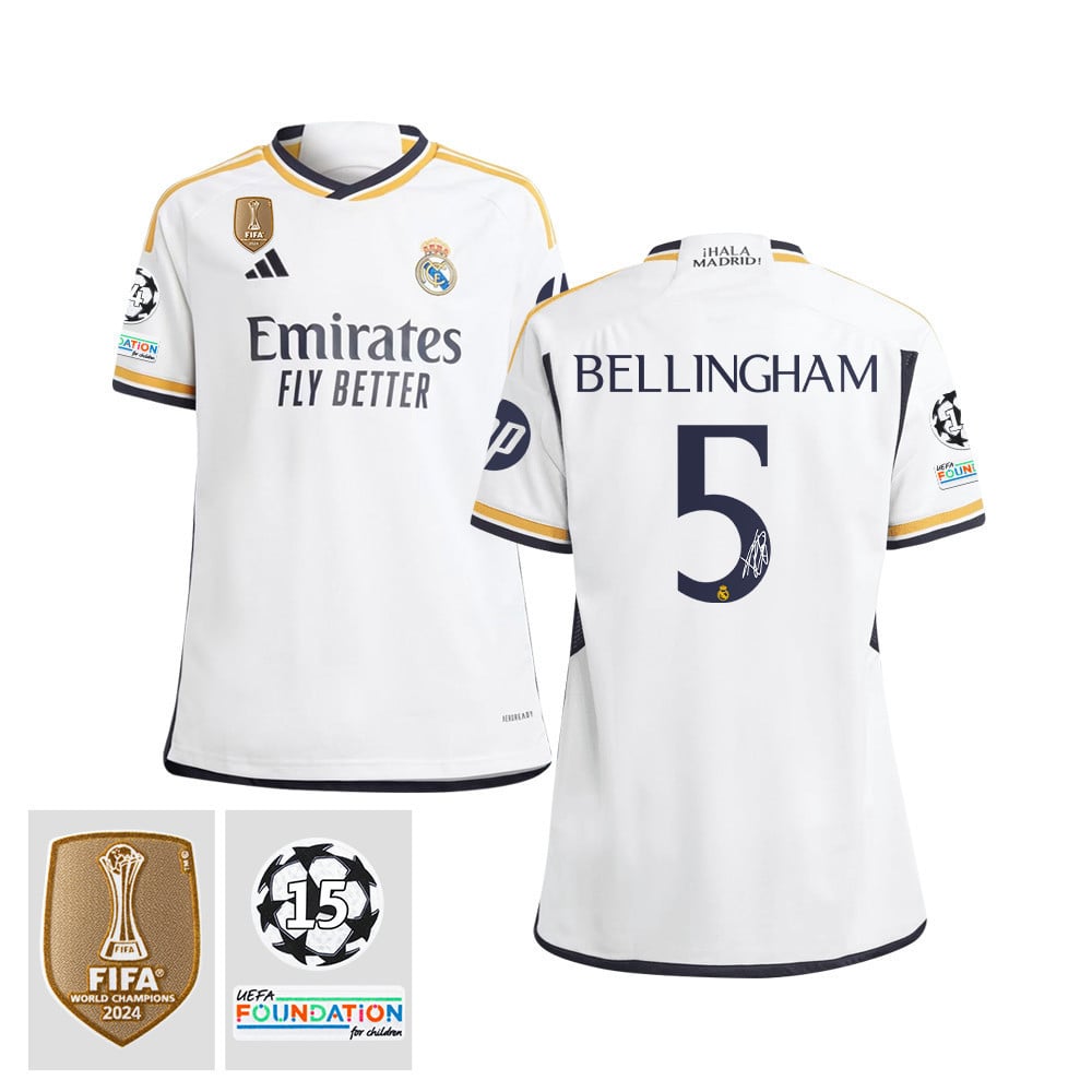 Jude Bellingham 5 Signed Starball 15 Times Champions Real Madrid 2023/24 UEFA Patch YOUTH Home Jersey Autographed