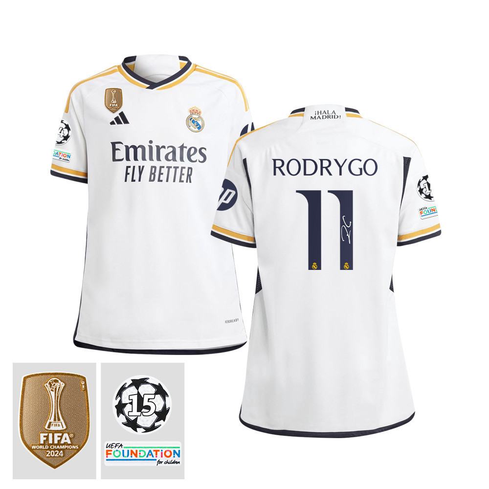 Rodrygo 11 Signed Starball 15 Times Champions Real Madrid 2023/24 UEFA Patch YOUTH Home Jersey Autographed