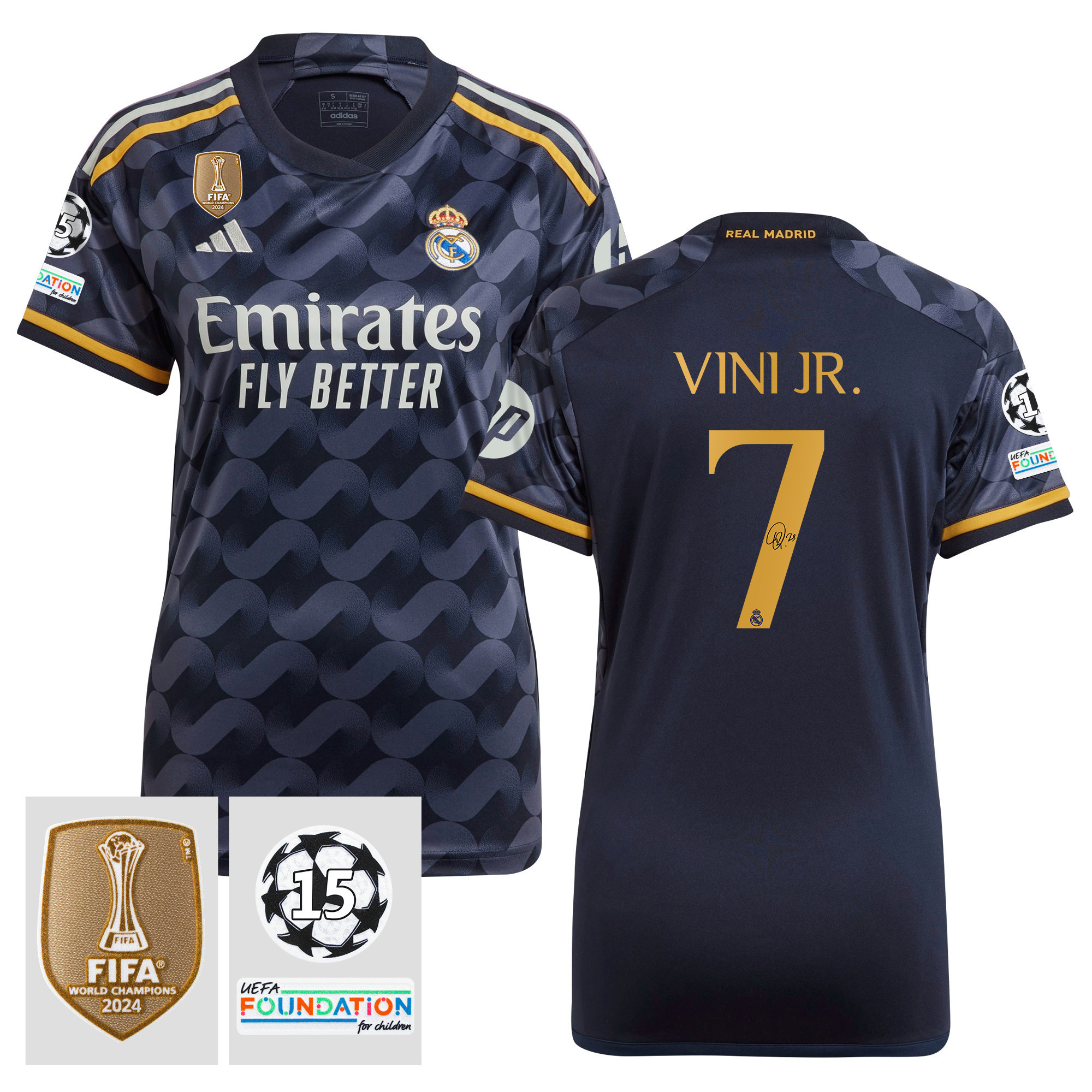 Vinicius Junior 7 Signed Starball 15 Times Champions Real Madrid 2023/24 UEFA Patch Women's Away Jersey Autographed