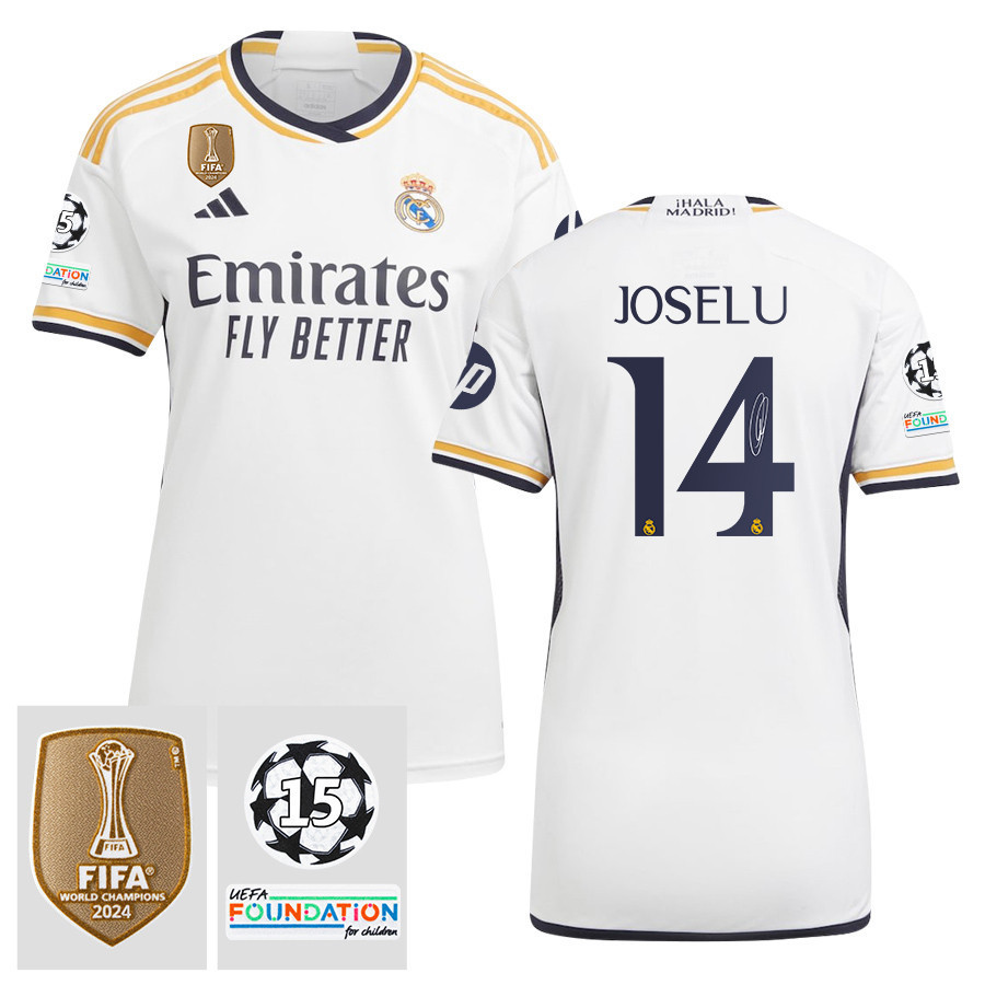 Joselu Mato 14 Signed Starball 15 Times Champions Real Madrid 2023/24 UEFA Patch Women's Home Jersey Autographed