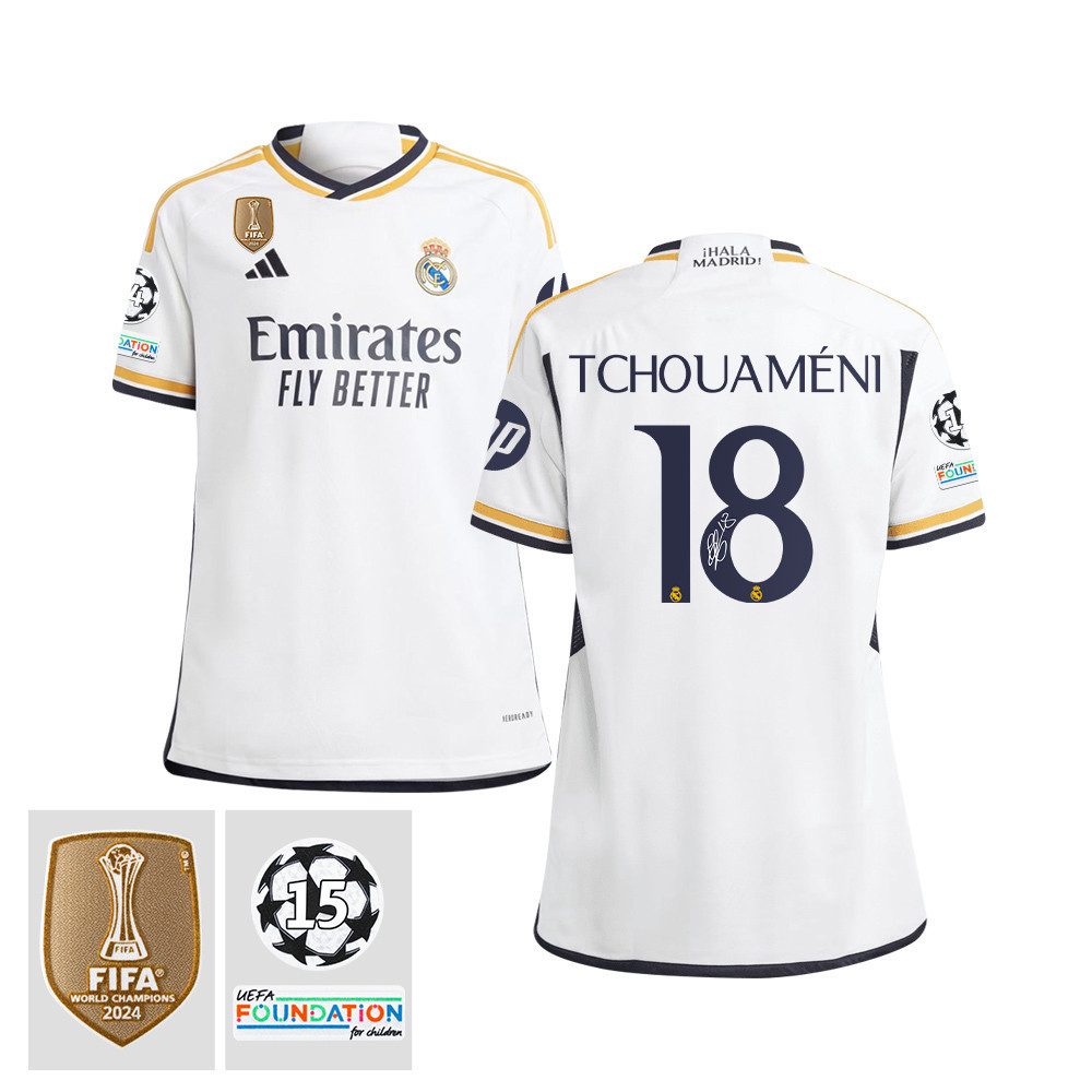 Aurlien Tchouamni 18 Signed Starball 15 Times Champions Real Madrid 2023/24 UEFA Patch YOUTH Home Jersey Autographed