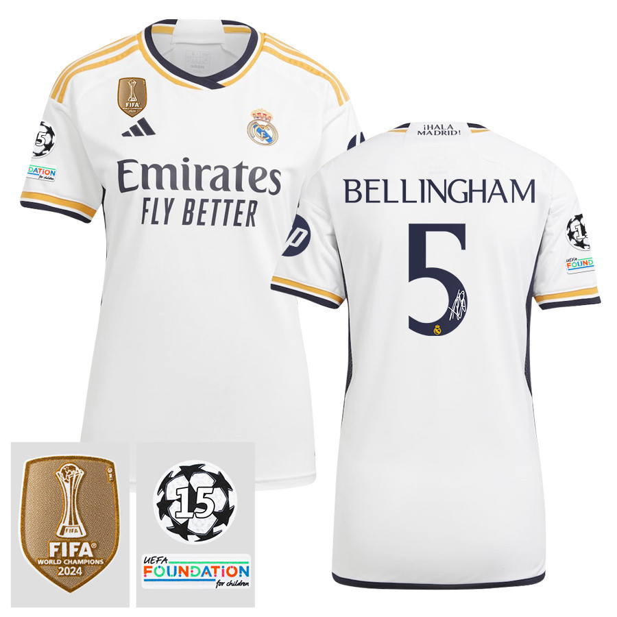Jude Bellingham 5 Signed Starball 15 Times Champions Real Madrid 2023/24 UEFA Patch Women's Home Jersey Autographed